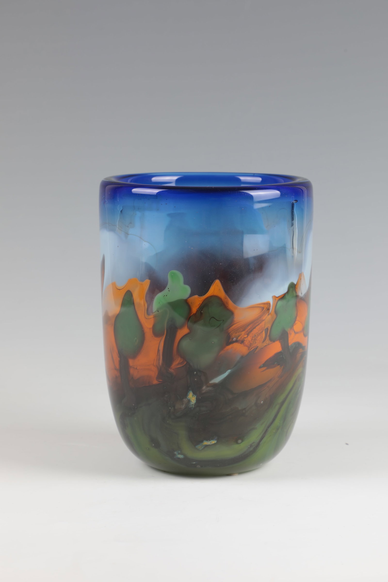 Vase ''Landscape with Trees'': Vase ''Landscape with Trees'' Volkhard Precht, 1983 Colourless glass, cobalt blue partial underlay with multi-coloured interlayer decoration. Inscribed in diamond crack: V. Precht 83 ''Landscape with