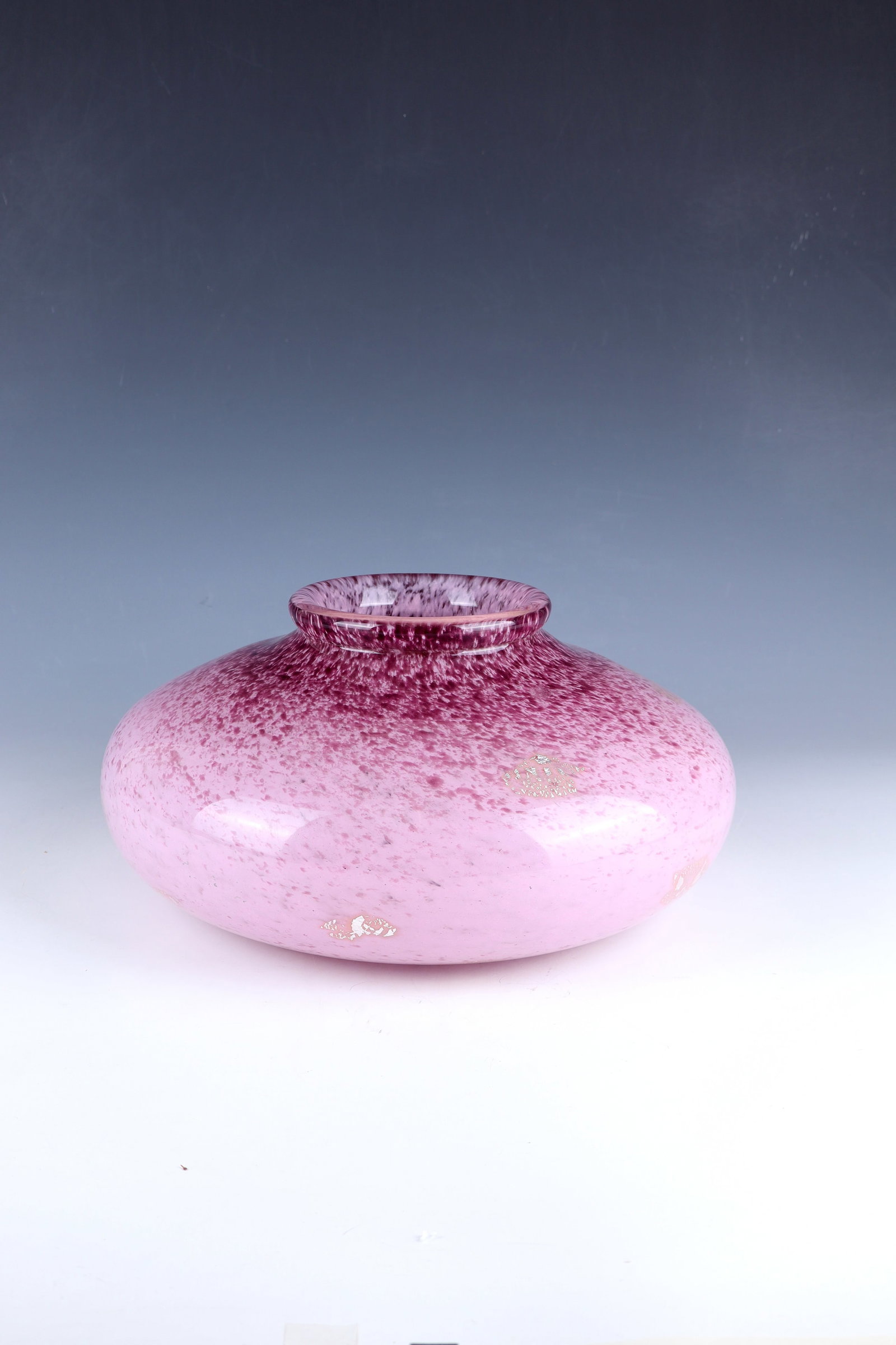 Vase: Vase André Delatte, Nancy, 1920s Colorless glass with powder melting in pastel pink and cloudy melted powder in violet and burst metal foil inclusions in silver. On the lower wall in engraving