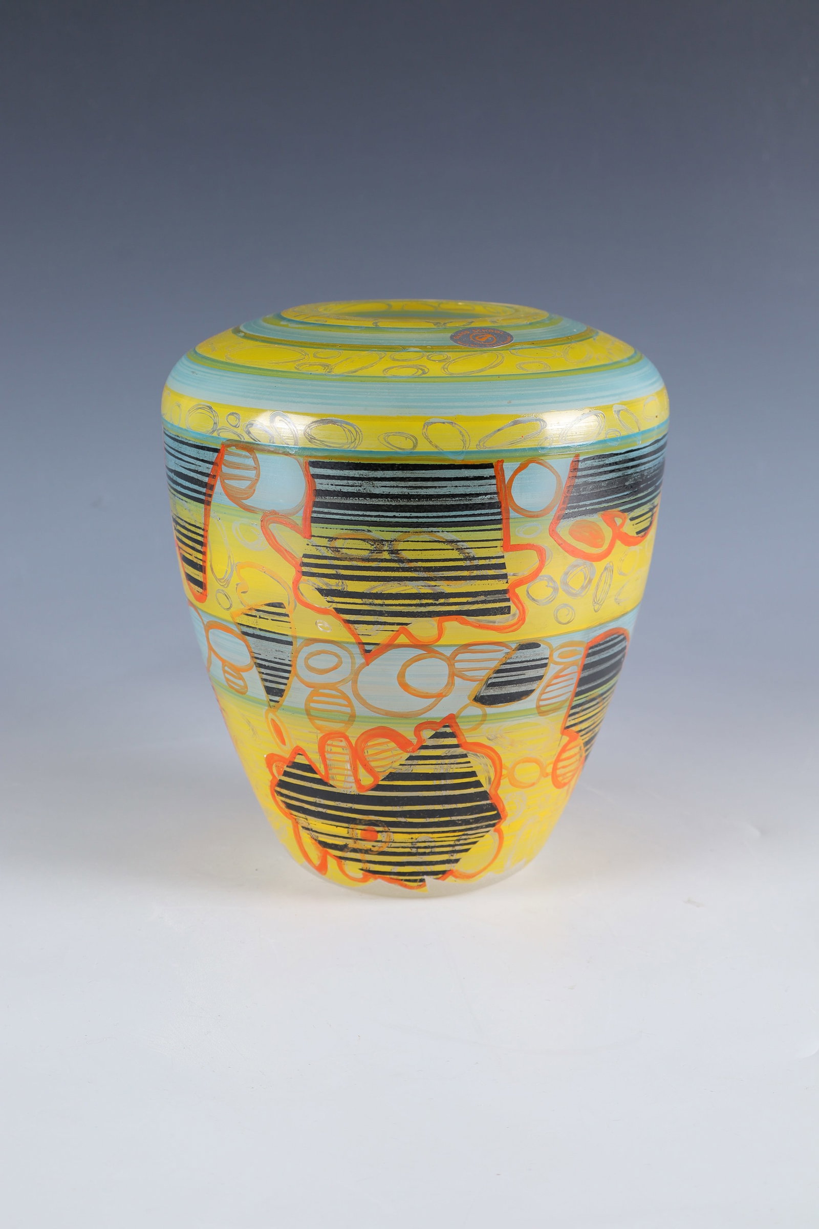 Vase: Vase Glass School Haida (Nový Bor), 1990s Colorless glass, multicolored abstract enamel décor. Original sticker of the Haida Glass School (Novy Bor). H. 20 cm. Vase Glasfachschule Haida