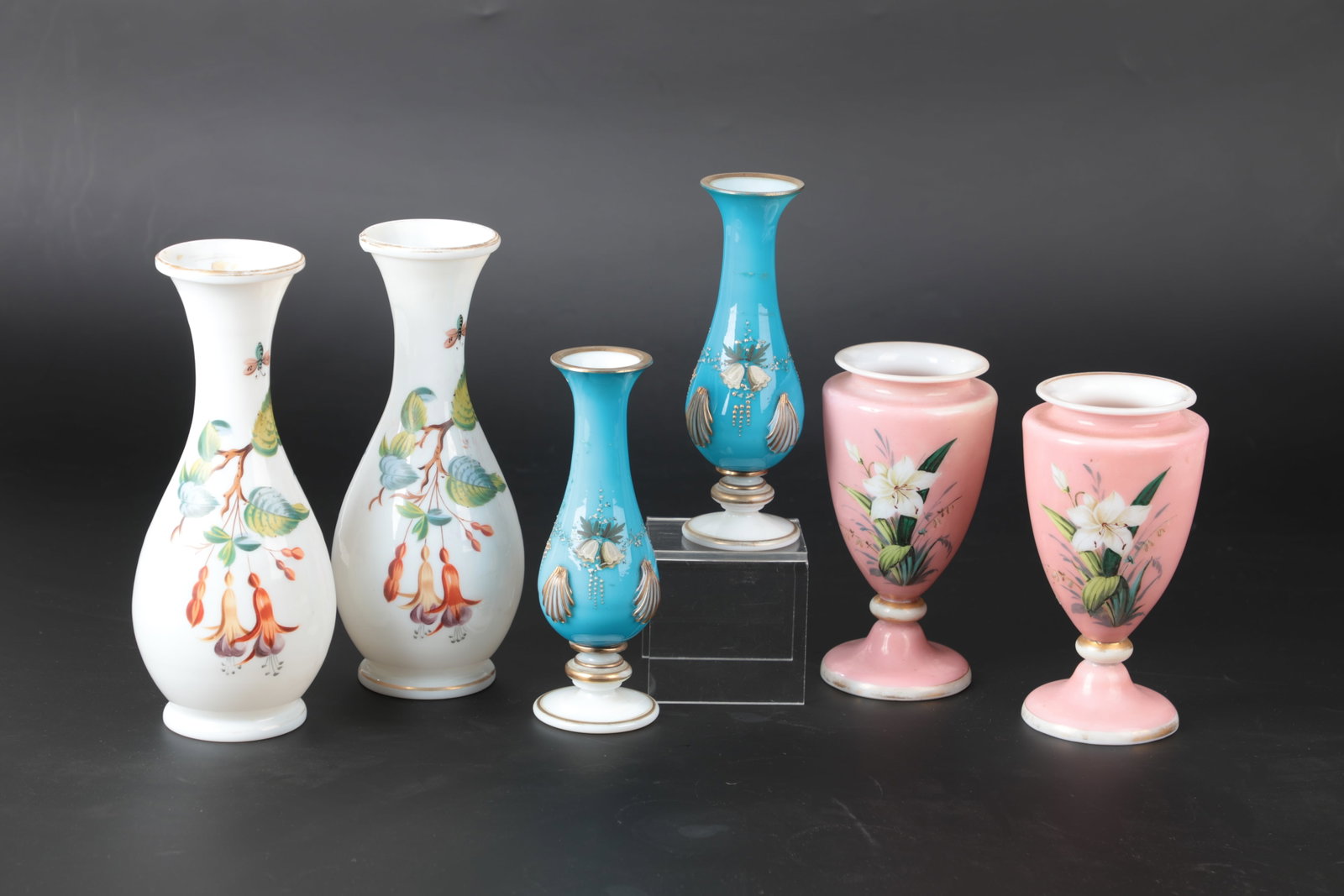 Mixed Lot of 3 Pairs of Vases: Mixed lot of 3 pairs of vases Bohemia, 19th century Partially blue overlaid frosted glass with gold-trimmed bluebell border in bright enamel colours and four grooved appliqués in shell shape.