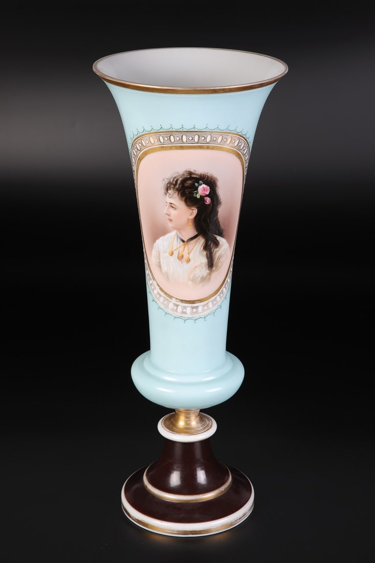 Vase with portrait: Vase with portrait of North Bohemia or Count Schaffgotsch'sche Josephinenhütte, Schreiberhau, c. 1870 frosted glass, outer wall partially turquoise and dark brown, partly decorated with gold. On