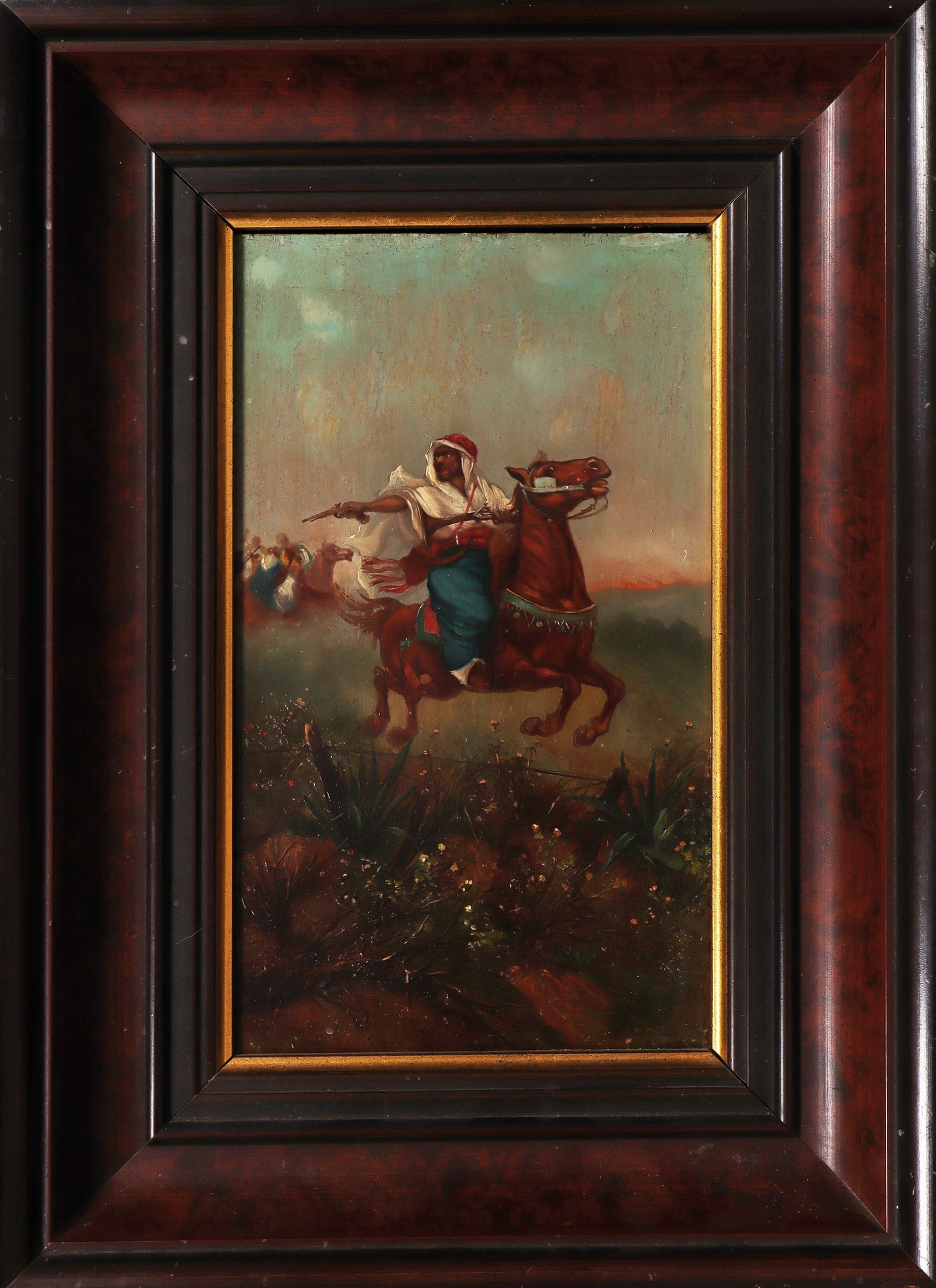 A. Schreyer (added): A. Schreyer (added) 1828 Frankfurt am Main - 1899 Kronberg im Taunus Shooting Bedouin on horseback with entourage in the background, oil on panel. Adolf Schreyer gained great fame above all through