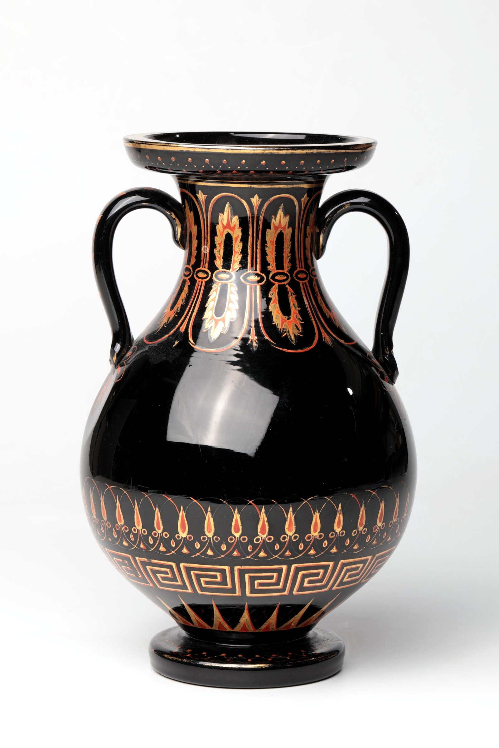 Double-handled vase: Double-handled vase, probably Russia, 19th century. Black hyalite glass. On the bulbous wall, very finely executed decoration in polished gold and red enamel: meandering frieze, stylised leaf and