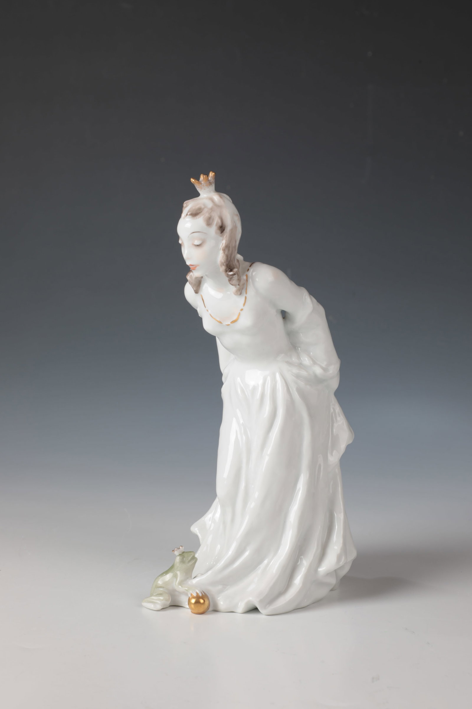 Frog Queen: Frog Queen Friedrich-Gronau (design) 1948, Rosenthal (execution), 1957 Decorated in delicate pastel shades and gold. Underglaze green manufactory stamp, model no. 1793. Signed in the bottom: L.F. Gron