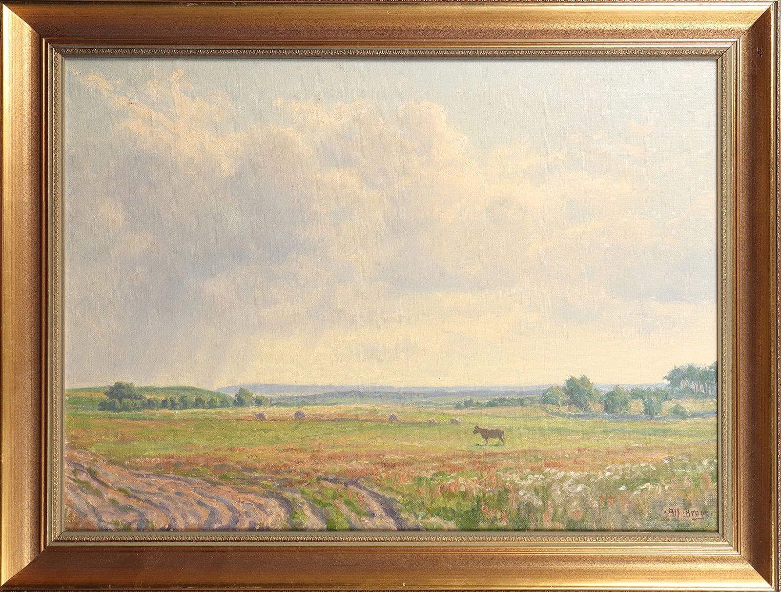 Alfred Broge: Alfred Broge 1870 Copenhagen - 1955 ibid. Wide landscape with haystacks and the staffage figure of a cow under a partly cloudy sky. Oil on canvas, right. signed below ''Alf. Broge''. 57 x 74 cm (w.