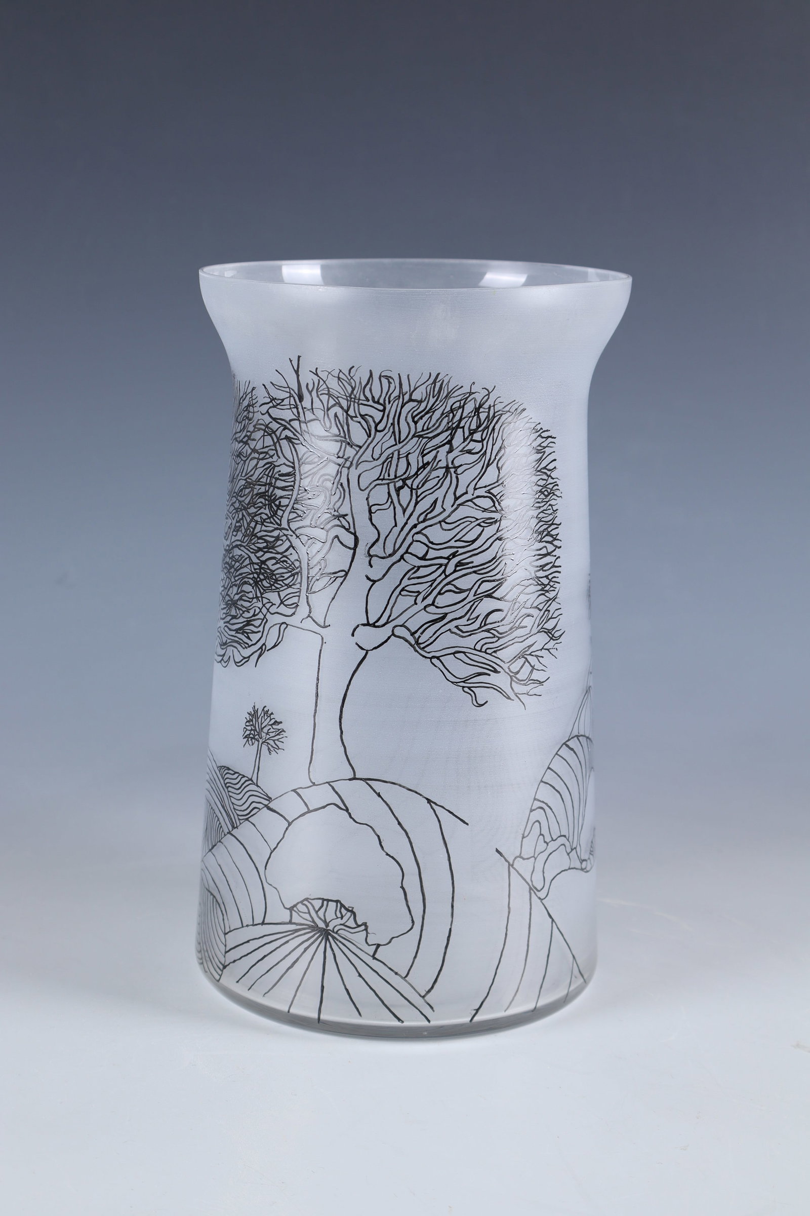 Vase: Vase technical school design, around 1995 Colourless glass, the wall painted over the entire surface with a slightly opaque glaze, with enamel decoration applied in black all around: landscape scene.