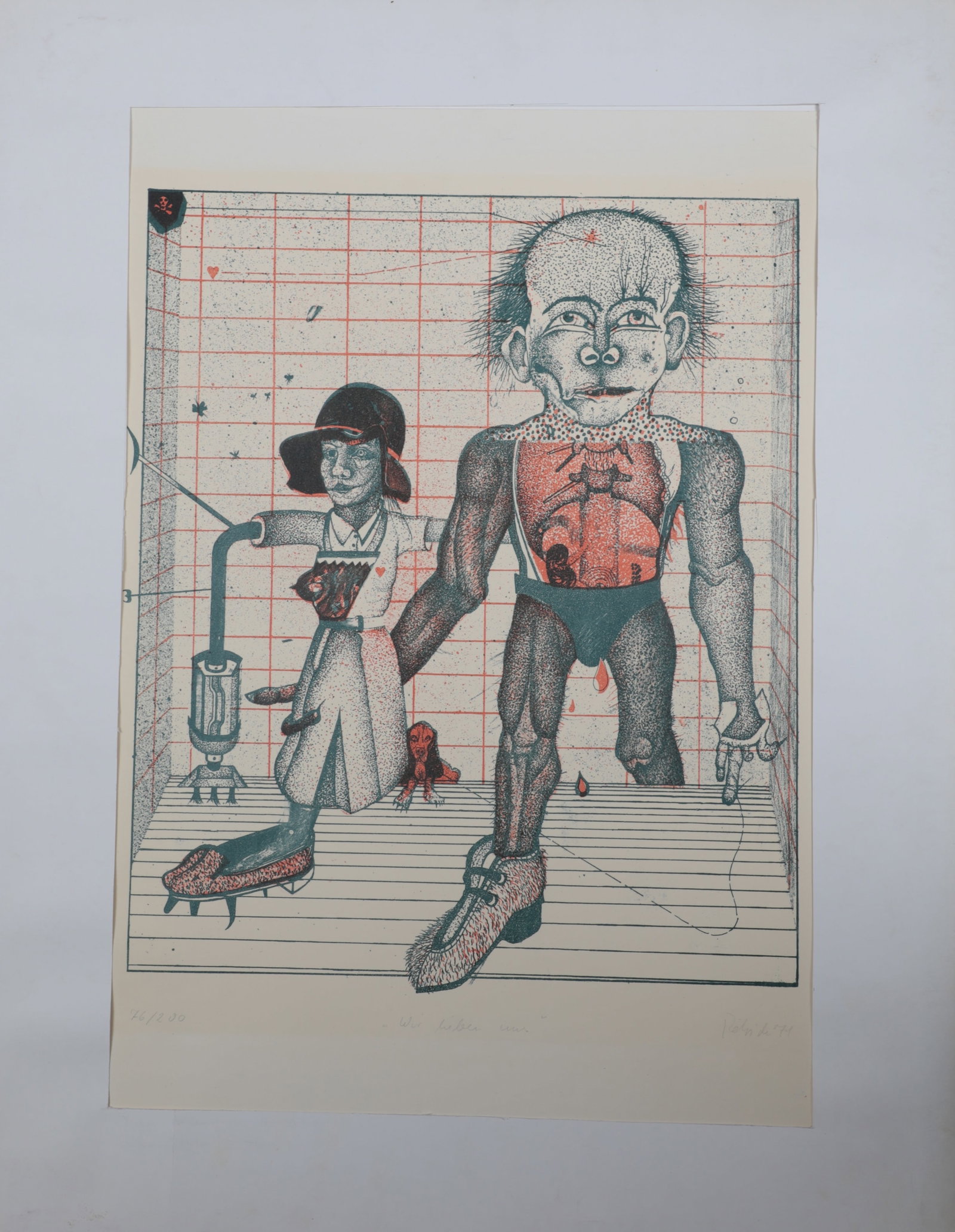 Wolfgang Petrick: Wolfgang Petrick 1939 Berlin - 2025 ibid. We Love Each Other - Housemother and Slipper Hero, 1971, colour lithograph on cardboard paper, Ex. 76/200, handwritten, signed and dated. Light-edged due to