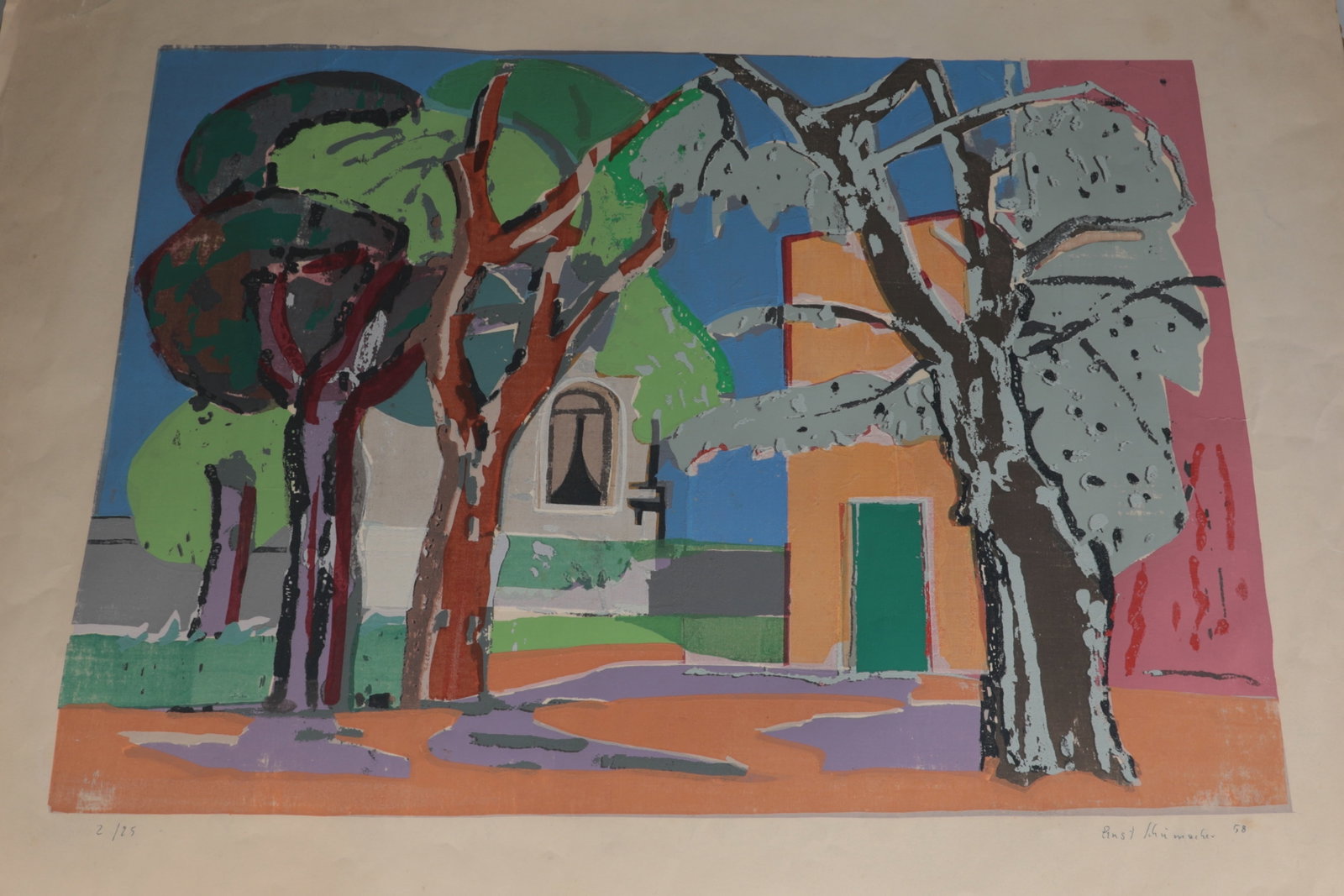 Ernst Schumacher (also Schumacher-Salig): Ernst Schumacher (also Schumacher-Salig) 1905 Munich-Gladbach - 1963 Berlin Houses with Trees, 1958, colour silkscreen print, Ex. 2/25, signed and dated by hand at the bottom right. Leaf margin with