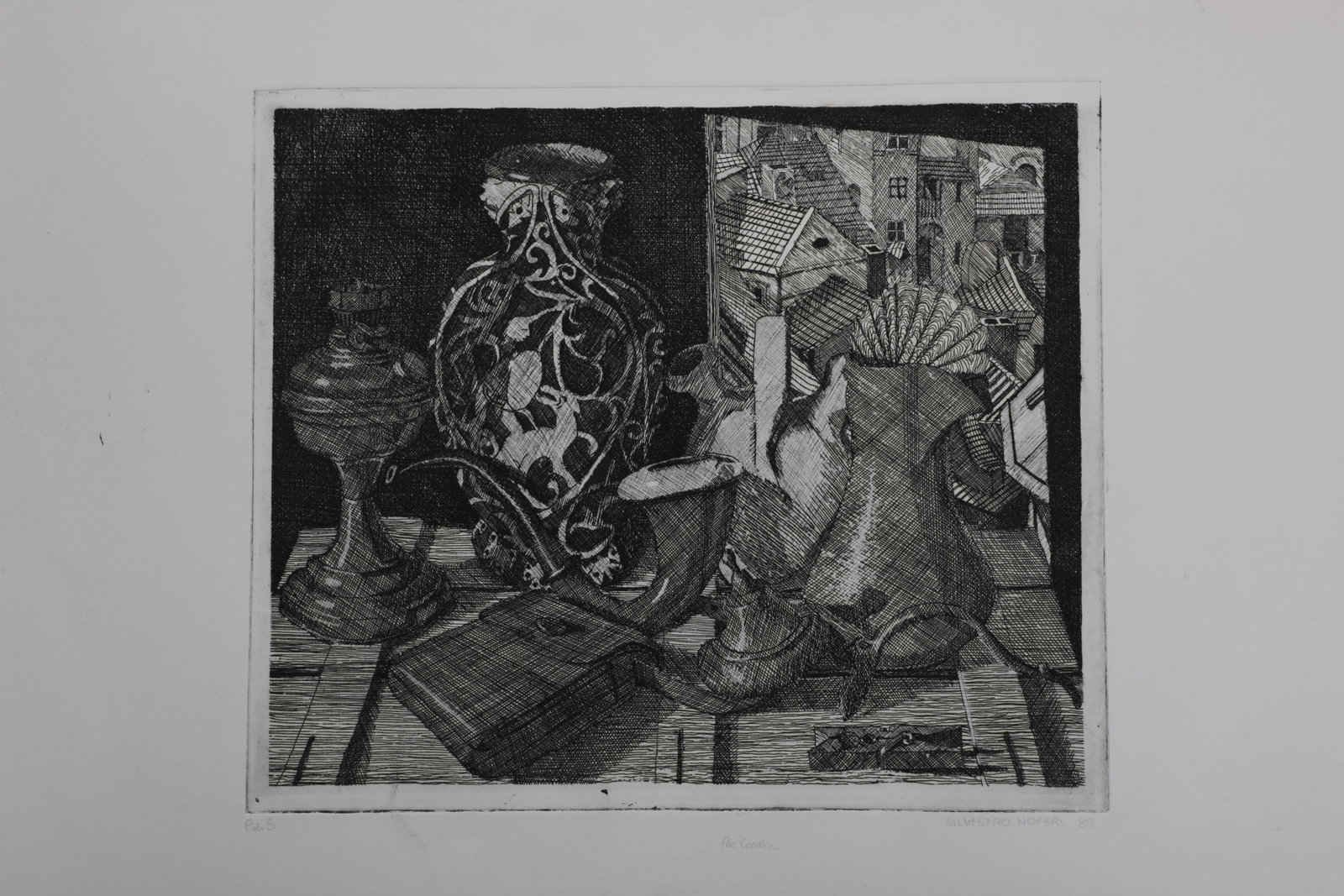 Silvestro Nofefi: Silvestro Nofefi *1966 Florence Per Cecilie, 1989, aquatint etching, inscribed, signed and dated in handwriting lower right. Blade with slight grip marks and crease marks. Sheet size 49.5 x 68.5 cm;