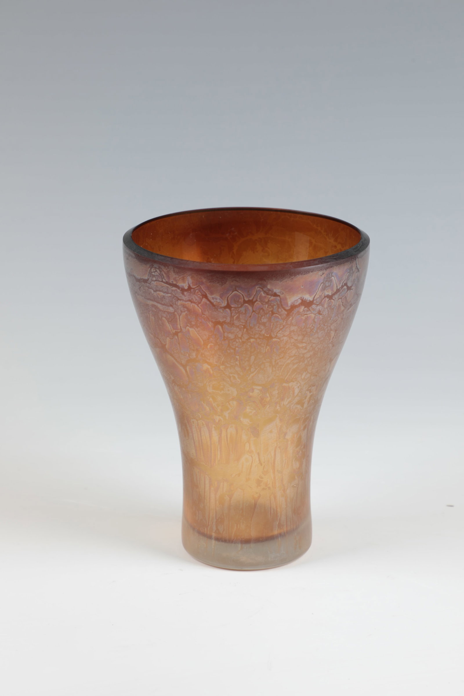 Vase: Vase Isgard Moje-Wohlgemuth, 1971 Colorless, iridescent glass painted with multicolored loosened metal compounds. Signed and dated in engraving in the bottom: Moje 1971, h. 15 cm Vase Isgard