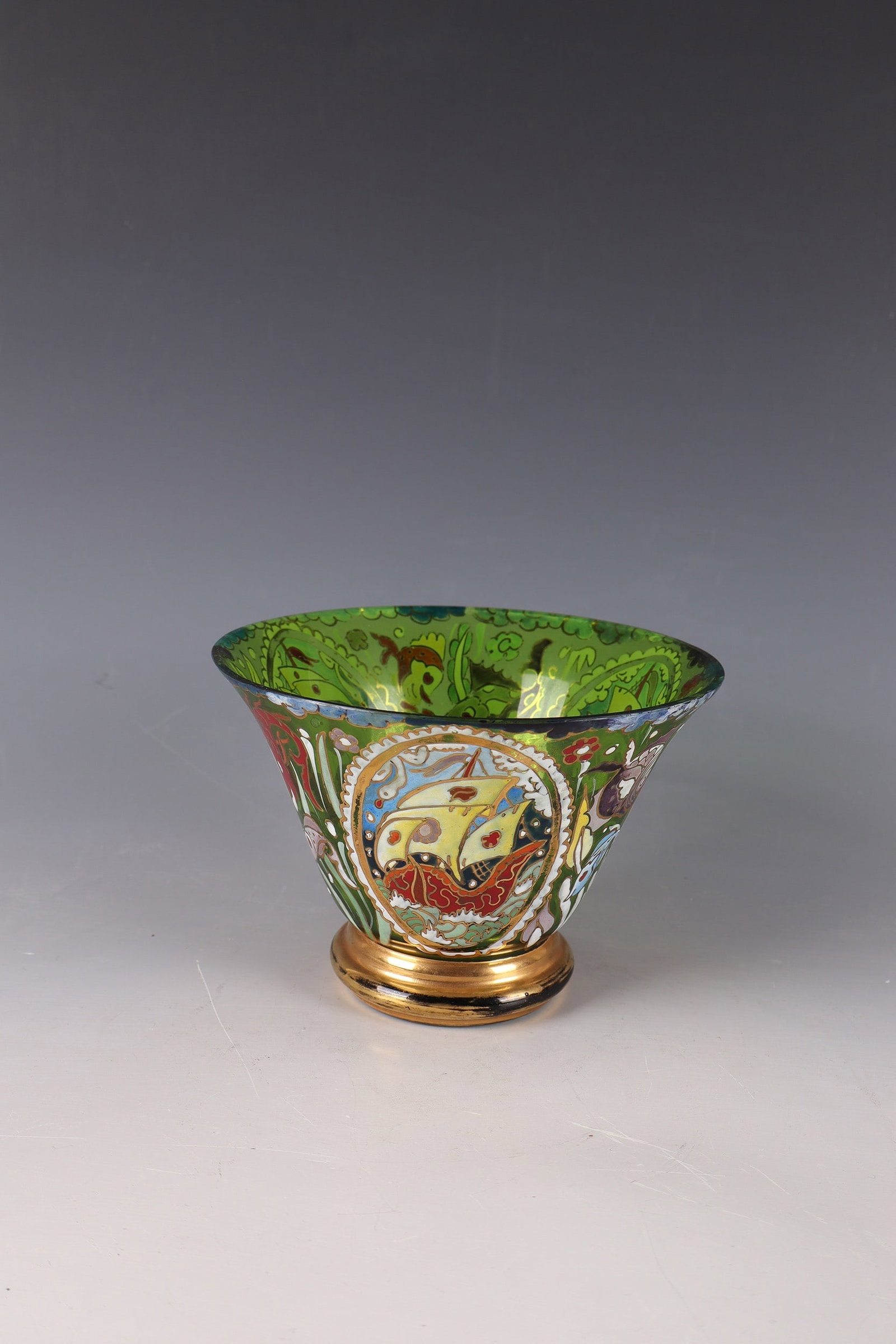 Vase: Vase Wohl Moser, Karlsbad, c. 1920 Green glass. Polychrome decoration in opaque enamel painting all around: three oval cartouches with sailing ship and dawzish with rich underwater scene with algae,