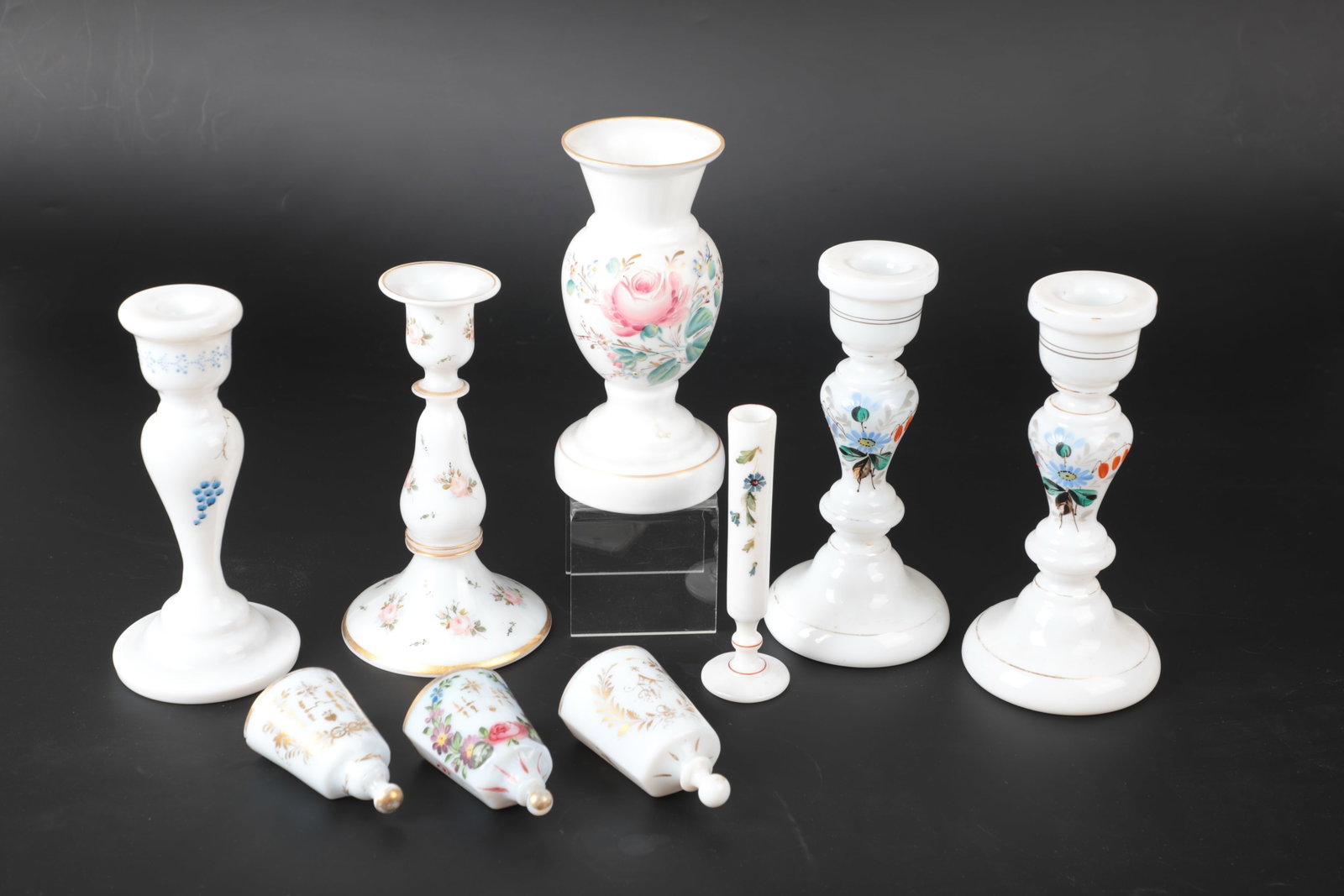 Mixed Lot of 9 Frosted Glass Objects: Lot of 9 Frosted Glass Objects Bohemia, E. 18th Century Three holy water vessels with flattened, conical vessel body, with button end at the bottom. Front of the wall with leaf cartouche and