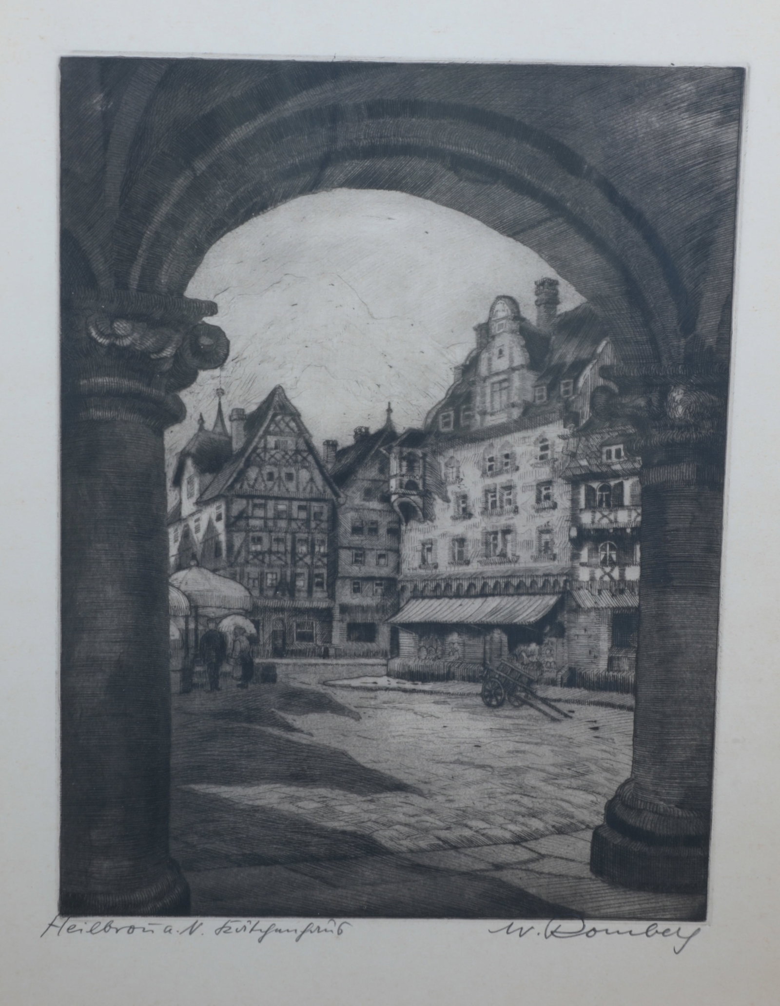 Walter Romberg: Walter Romberg 1898 Ulm - 1973 Stuttgart Käthchenhaus on the market square in Heilbronn am Neckar, view from the town hall to the market square, etching, handwritten and signed. Framed behind