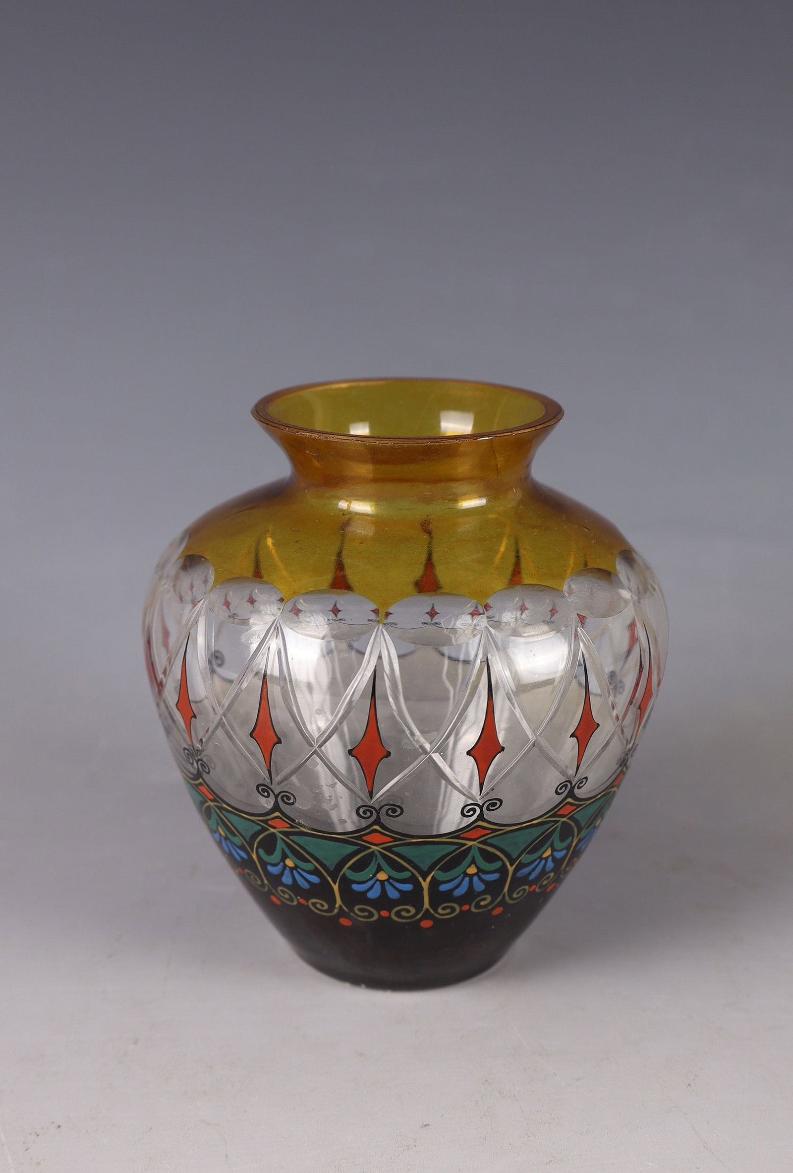 Small vase: Small vase around 1920/30 Colourless glass with cut decoration. In the upper area with yellow stain and in the lower area of the wall with ornamental and floral enamel painting on a black background. 