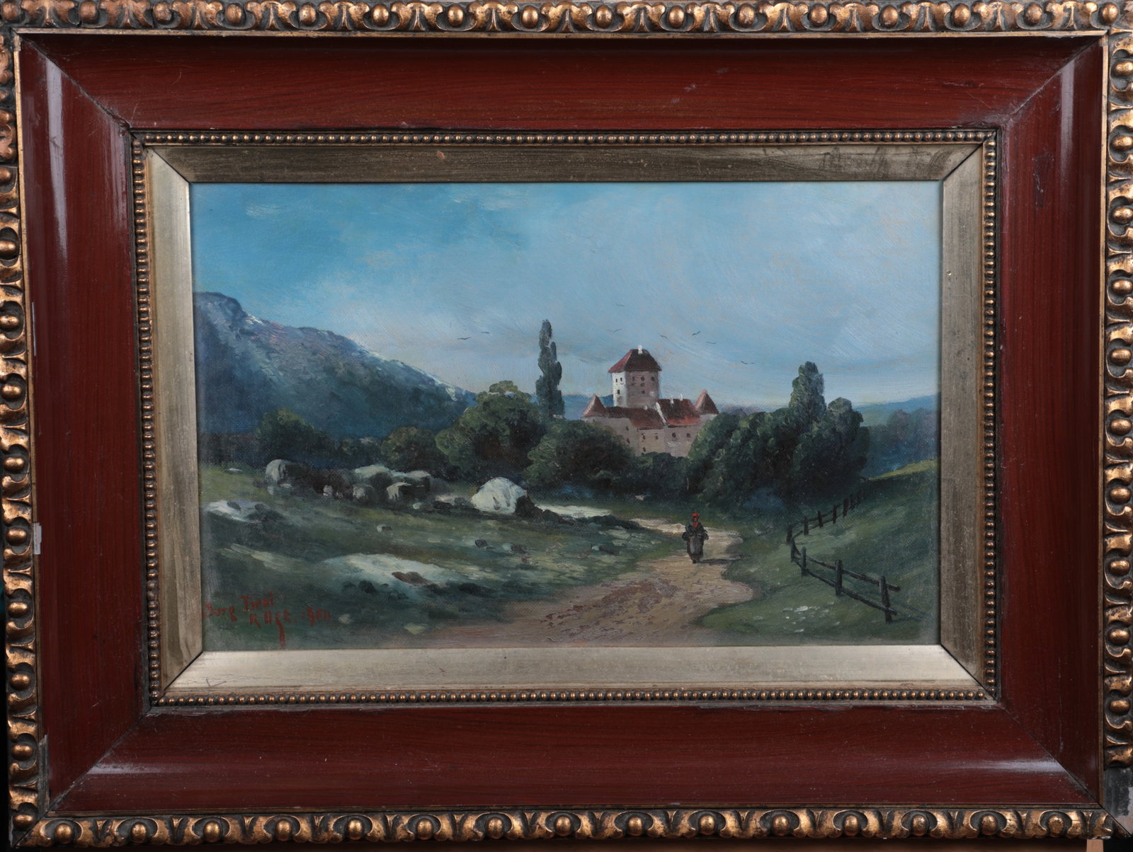 Anonymous Tyrolean painter: Anonymous Tyrolean painter 20th century Tirol Castle, 1904, oil on cardboard, inscribed below on the left, signed ''Kugt (?)'' and dated. Decorative elements of the frame with spalling in places. 40