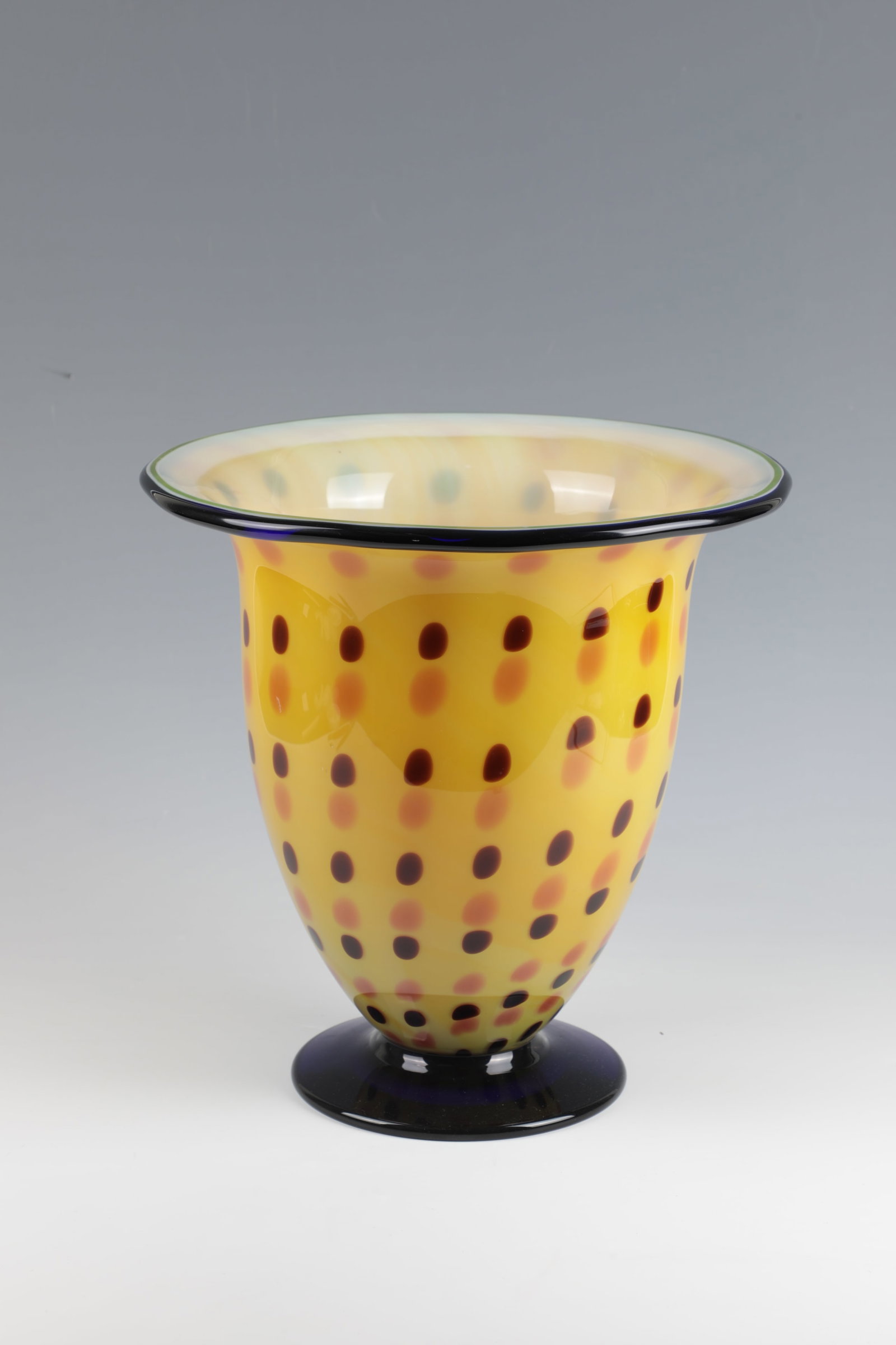 Vase: Vase Pauly & C., C.V.M. - Compagnia di Venezia e Murano, Murano, 1980s Colorless glass, opal white underlay. Yellow-green overlay with several rows of fused dots of colour in black-violet and old