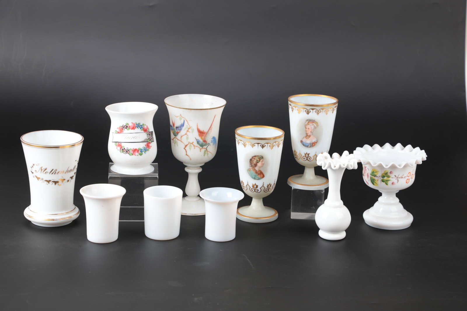 Mixed Lot of 11 Frosted Glass Objects: Mixed Lot 11 Frosted Glass Objects Germany, Bohemia and Silesia, E. 19./20. Century disc base with partially ground demolition. On the widened cuppa, a polychrome bust portrait of a lady in Rococo clo