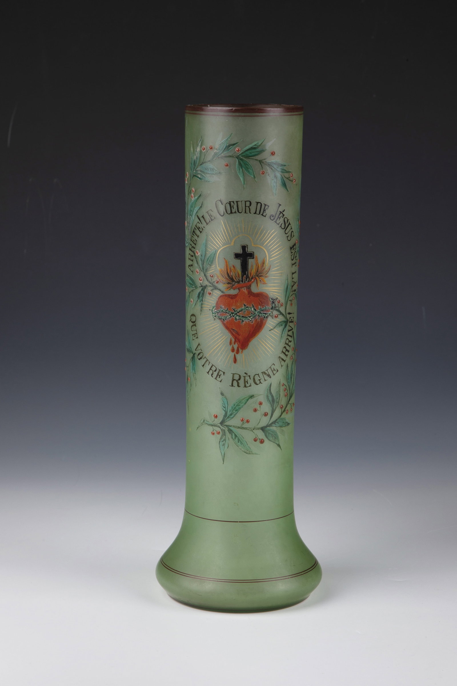Long-neck vase: Long-necked vase Réunies de Vallerysthal et Portieux, Lorraine, c. 1898-1909 Colourless glass, green underlaid and frosted. Decorated on the front in colourful transparent enamel as well as
