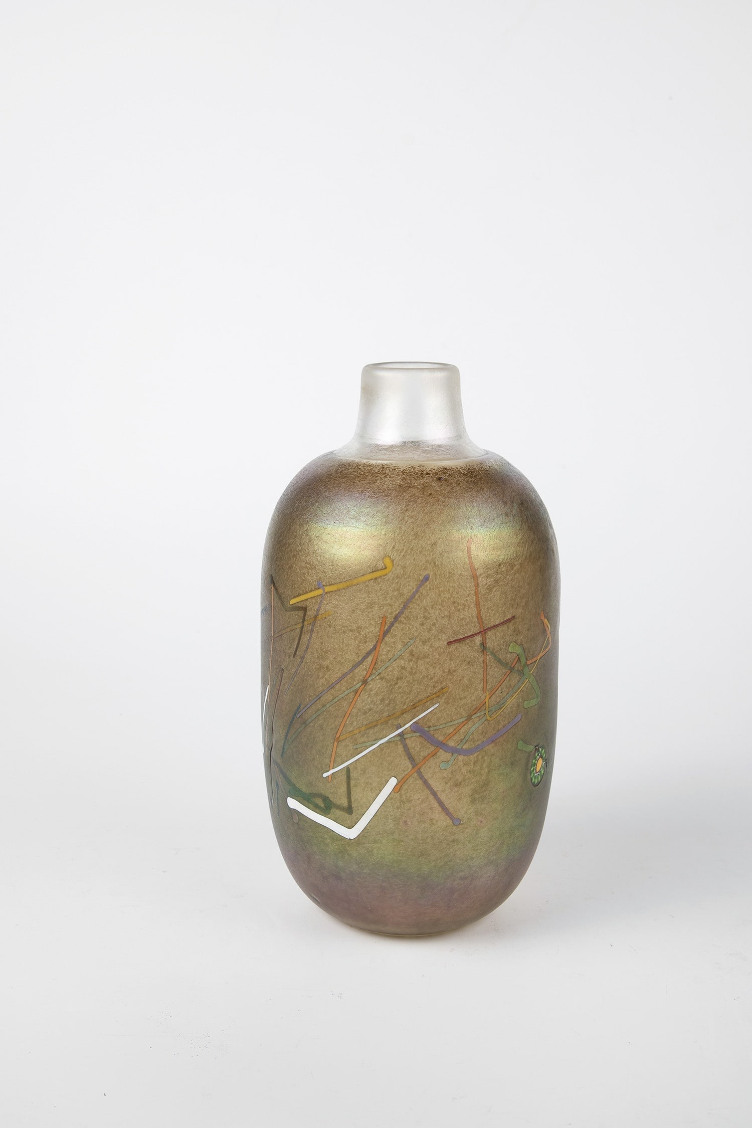 Vase: Vase Bertil Vallien, Kosta Boda Colorless, satin-finished glass. Overlay made of colourless glass decorated with oxide and olive green crumble melting. lustrated. Polychrome glass threads and a
