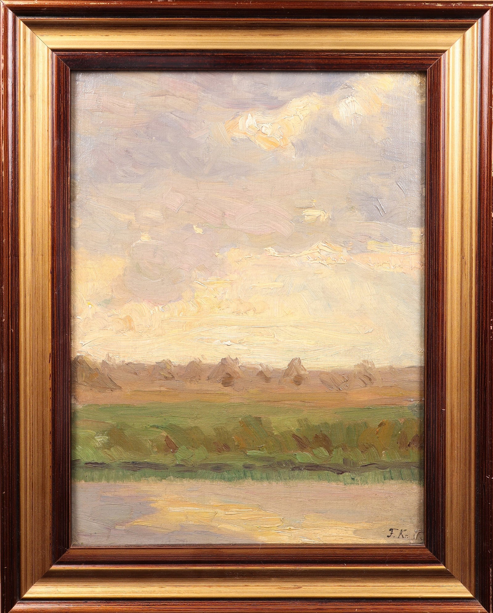Felix Krause: Felix Krause 1873 Berlin - 1943 ibid. Field landscape with haystack under a wide sky, oil on cardboard, signed lower right. Frame 46.5 x 38 cm. Felix Krause 1873 Berlin - 1943 ebd. Feldlandschaft mit