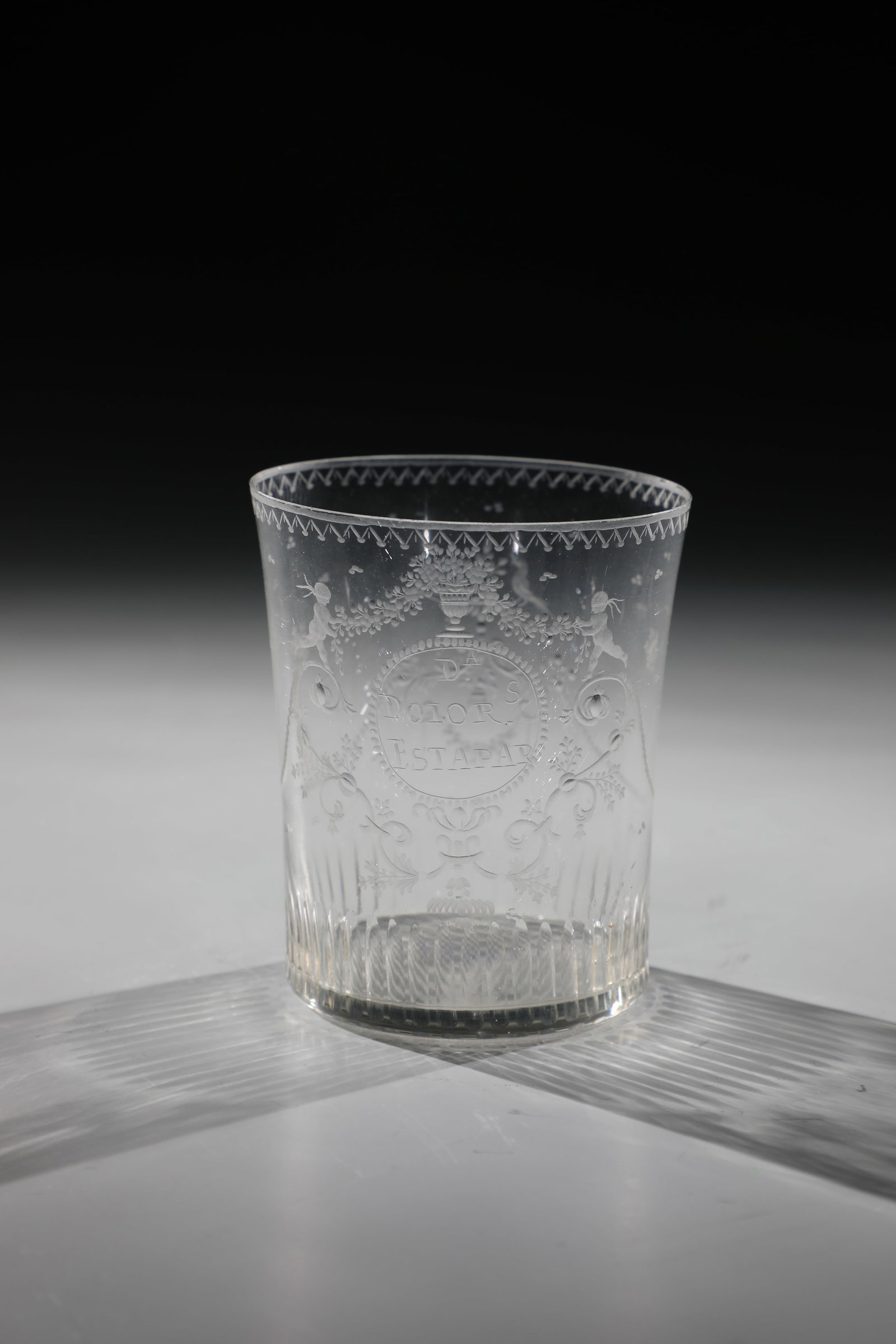 Friendship Mug: Friendship cup Giant Mountains, E. 18th century Thin-walled, slightly off-firing wall with fine, partly bleached engraving: round medallion with inscription: ''D.A DOLOR. S ESTAPART''. surrounded by f