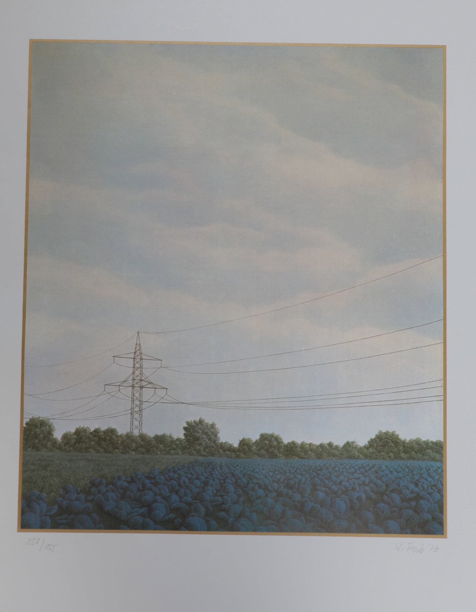 Wolfgang Fröde: Wolfgang Fröde 1952 Bensberg - 2009 Erkelenz Summery red cabbage field with overhead line mast, 1976, lithograph, Ex. 132/135, signed and dated by hand. Slight scratch mark in the lower right