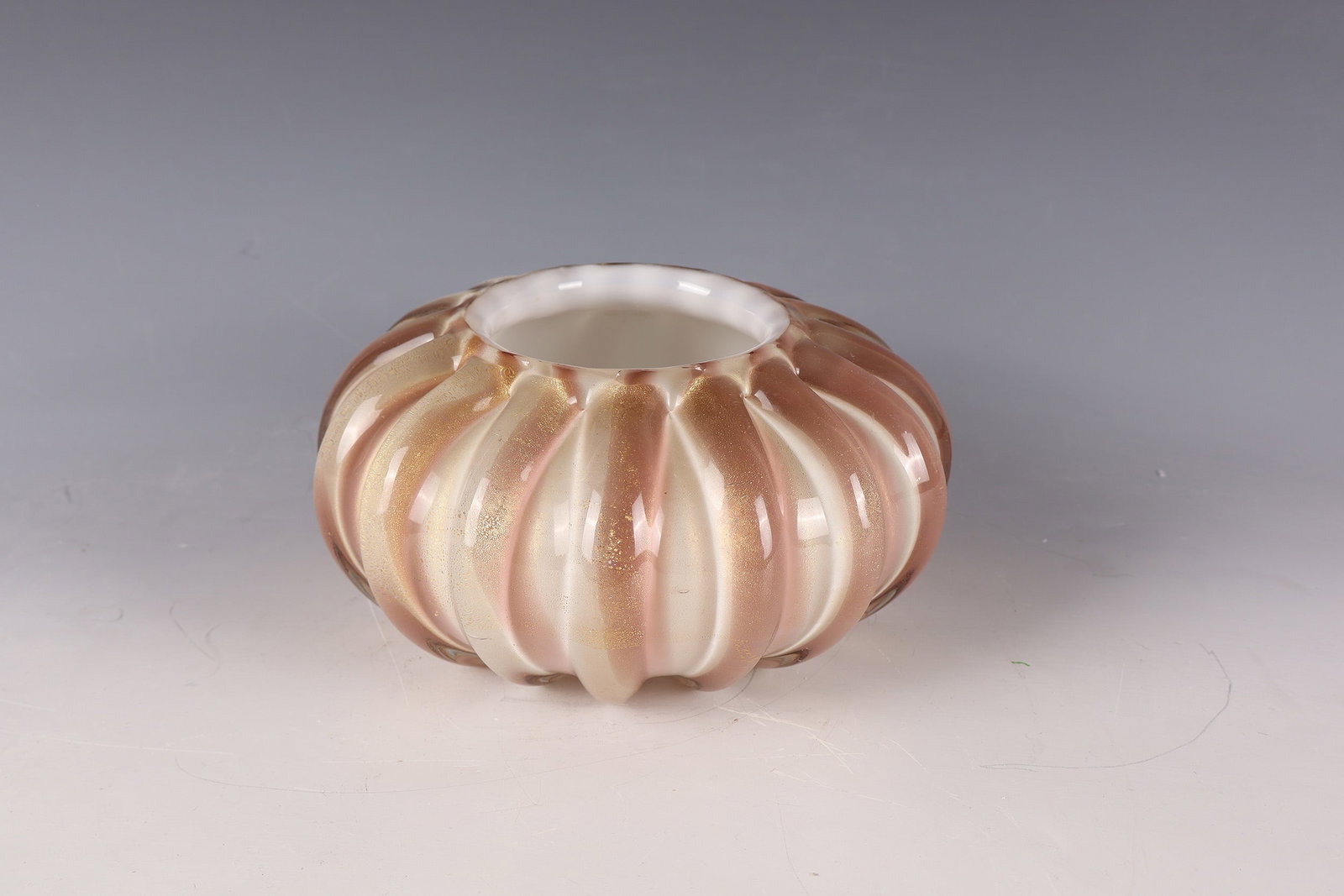 Vase: Vase Barovier & Toso (attributed), Murano, c. 1955 Colorless glass, opal white underlay. Between the layers, décor of alternating melted glass rods in old pink and creamy white as well as