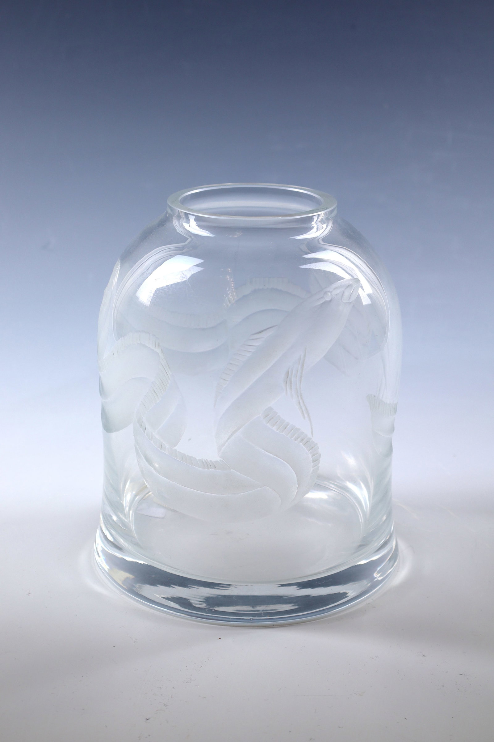 Vase: Vase Jitka Wokurková (design), Steinschönau Glass School (Kamenický Senov), 2001 Colourless glass, all-round fish decoration in matt flat engraving. Original sticker of the