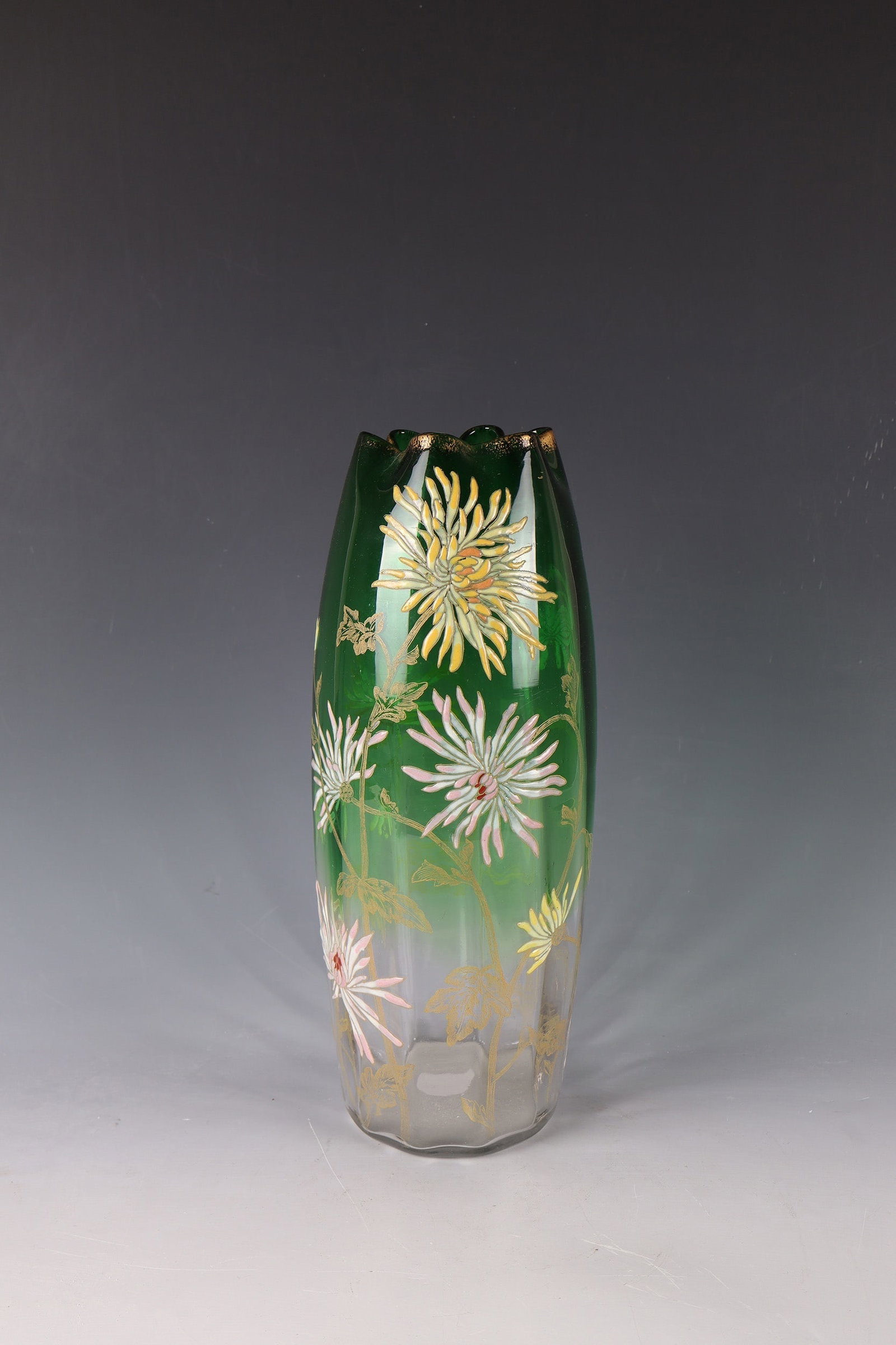 Vase with chrysanthemums: Vase with chrysanthemums Legras & Cie., Verreries de Saint-Denis, c. 1900 Colourless, longitudinal optical glass, gradient green underlay. Polychrome opaque enamel and ochre print pattern: