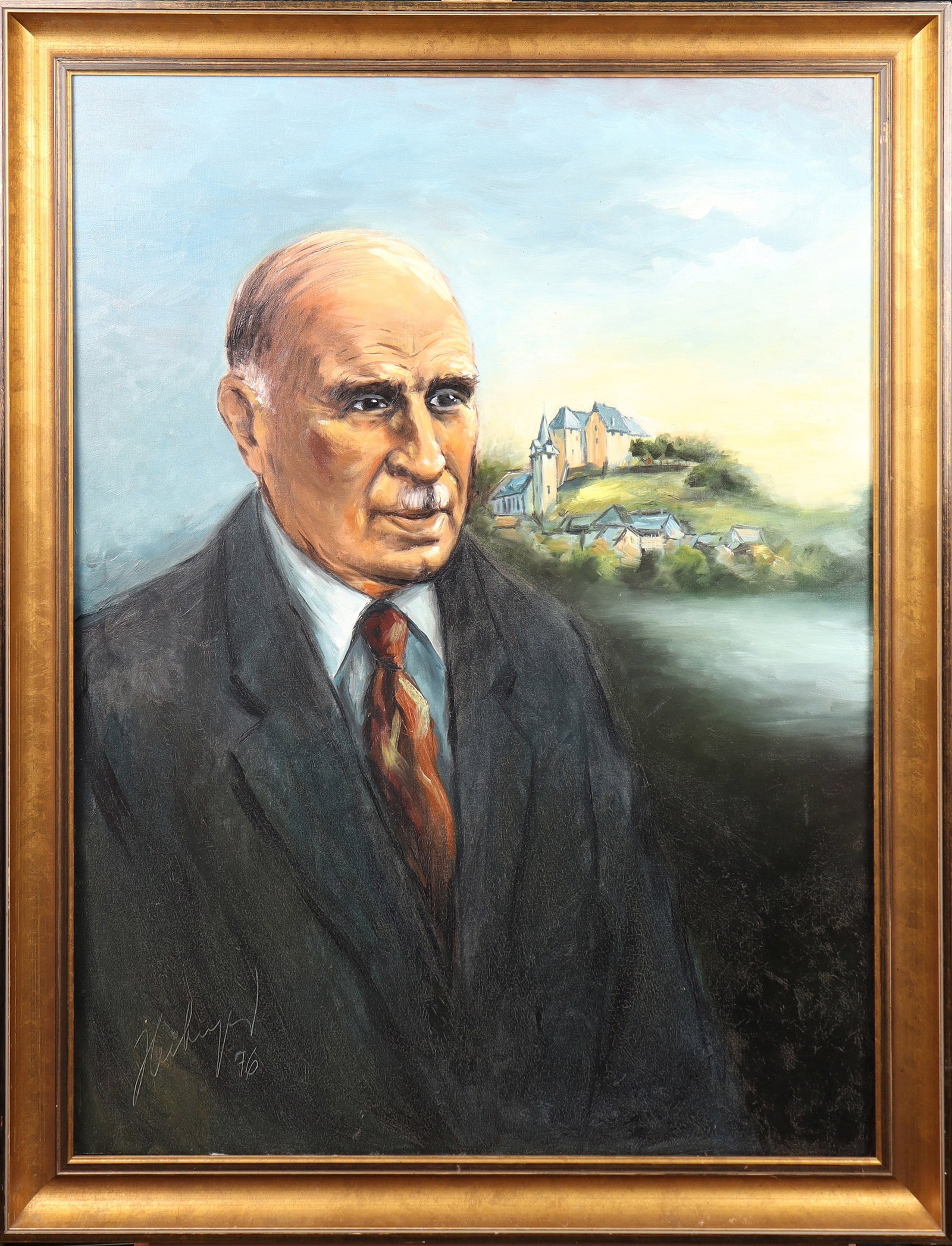 Hans Heiberger: Hans Heiberger German, around 1970 bust portrait of Konrad Graf zu Leiningen-Westerburg-Altleiningen (1893-1993) in three-quarter profile, in front of the Westerburg Schlossberg with castle and