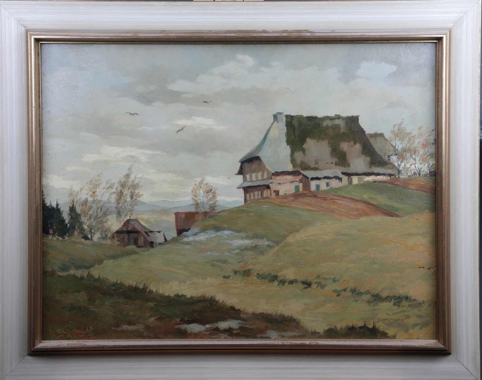 Ernst Gottwald: Ernst Gottwald South German, 1895 - 1966 Black Forest farmhouse on a summery day in Villingen, 1945, oil on cardboard, signed and dated lower left. Handwritten title on the verso on paper label. The