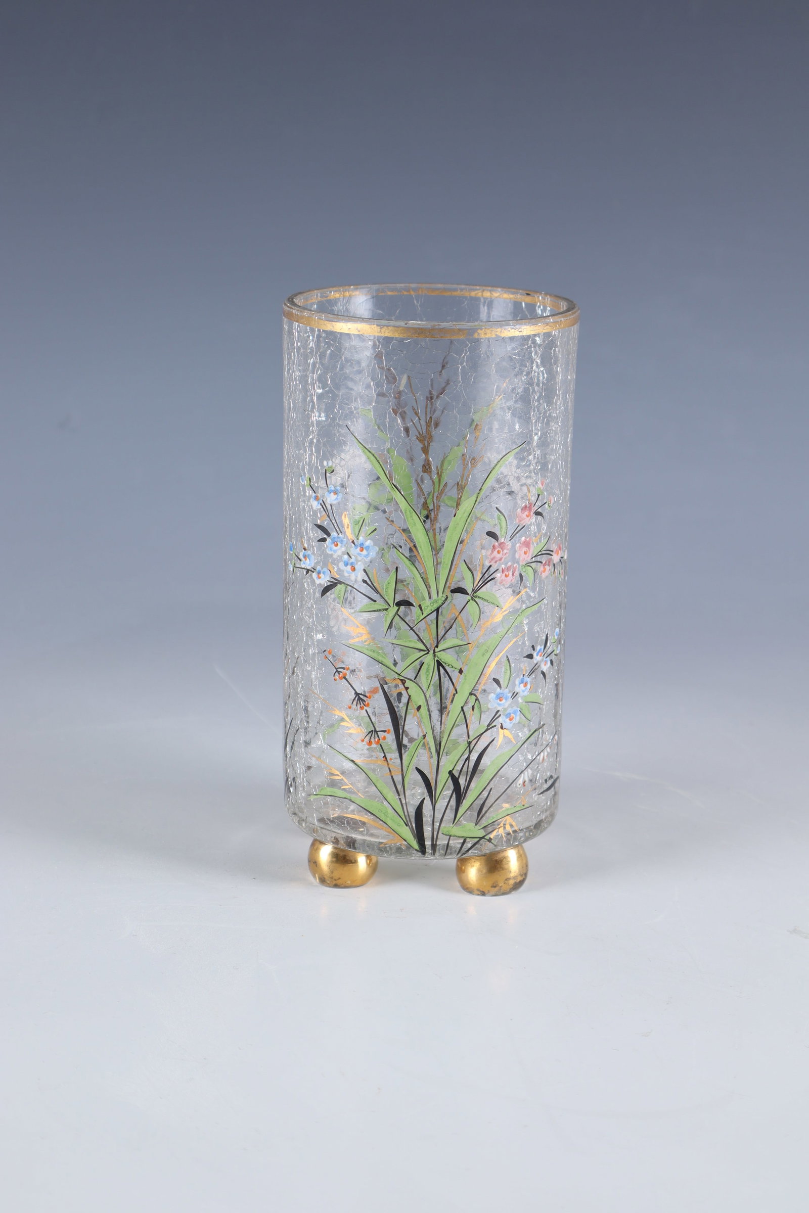 Beaker vase: Goblet vase Ernest Baptiste Léveillé, Paris, 1885-90 On four spherical feet. Colourless, thick-walled and cracked glass. On the wall in polychrome enamel colours, black flat paint and gold