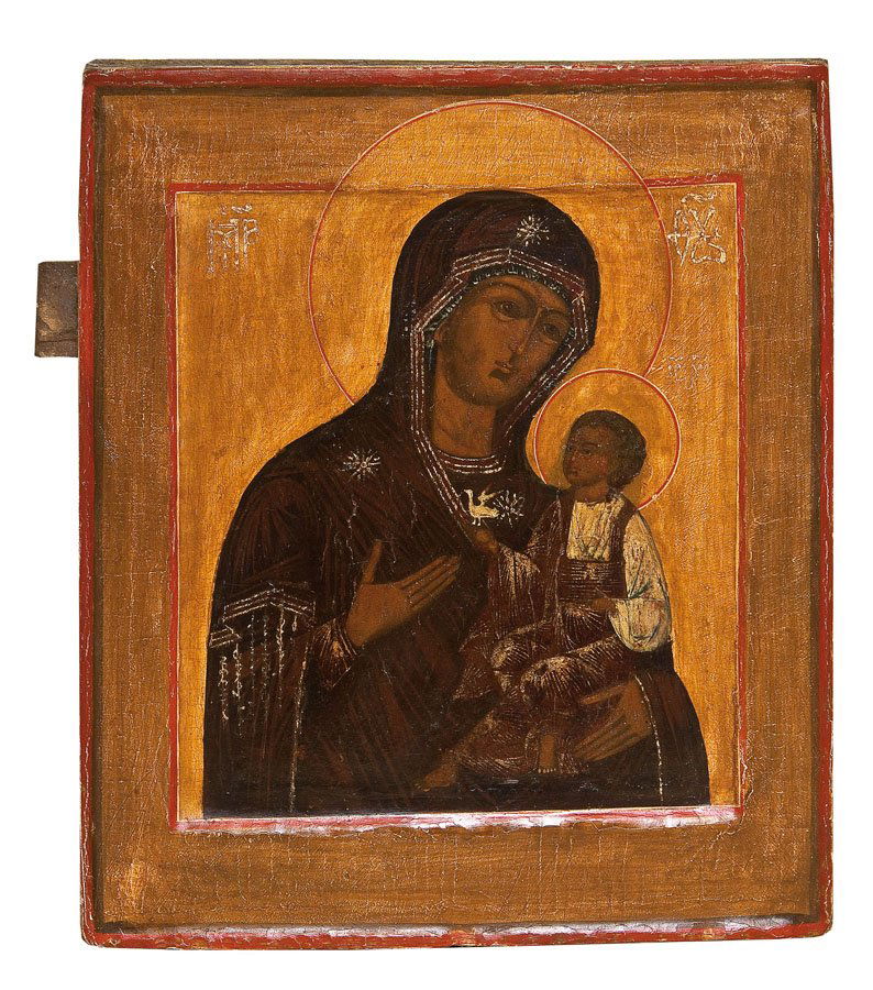 Gottesmutter ''Golubinskaja'': Gottesmutter ''Golubinskaja'' Russland, 18. Jh. Laubholz-Tafel mit zwei Rückseiten-Sponki (einer verloren). Doppeltes Kowtscheg, Lewkas, Eitempera. Halbfigurige Darstellung der Gottesmutter, den Chri