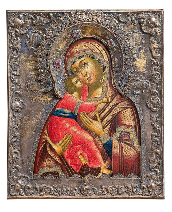 Gottesmutter Wladimirskaja mit Silberriza: Gottesmutter Wladimirskaja mit Silberriza Russland, 19. Jh. (Ikone), Moskau, Igor Antipow Antipjew, 1851 (Riza) Laubholz-Einzeltafel mit zwei Stirnseiten-Sponki. Tempera auf Kreidegrund, Hintergrund v