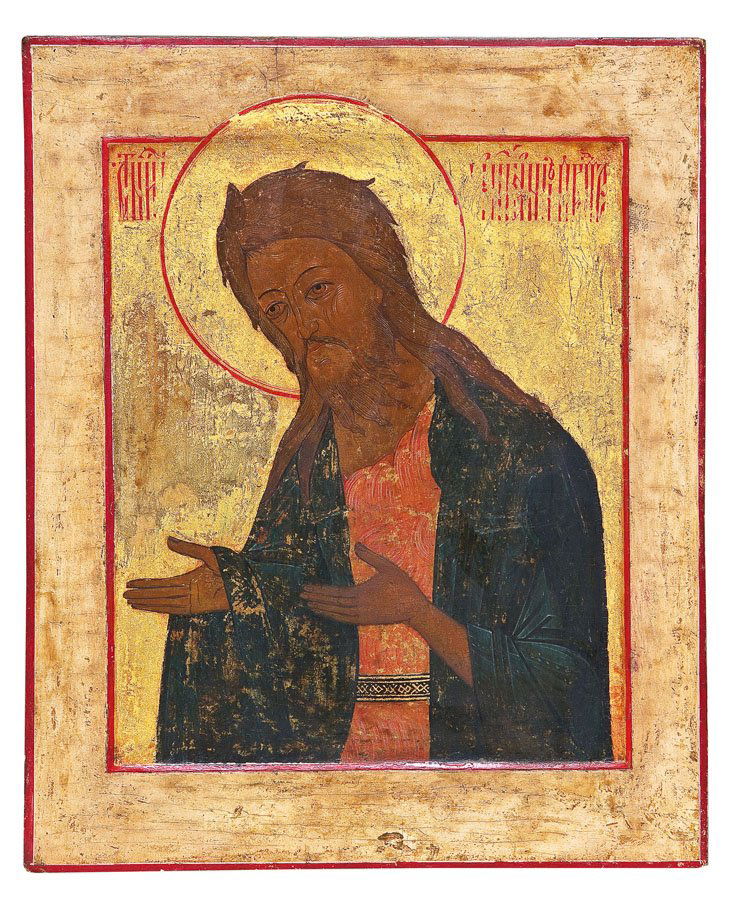 Johannes der Täufer aus einer Deesis: Johannes der Täufer aus einer Deesis Russland, 19. Jh. Verbund aus zwei Laubholz-Brettern mit zwei Stirnseiten-Sponki. Kowtscheg, Lewkas, Eitempera, versilberter Hintergrund goldfarben lasiert. Rand