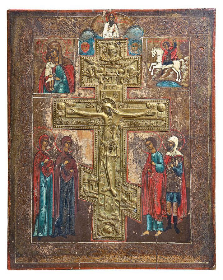 Große Staurothek: Große Staurothek Russland, Ende 19. Jh. Aus zwei Laubholz-Brettern zusammengesetztes Bildfeld. Eitempera auf Kreidegrund, partielle Vergoldung. Mittig eingearbeitetes Segenskreuz aus vergoldeter Bron