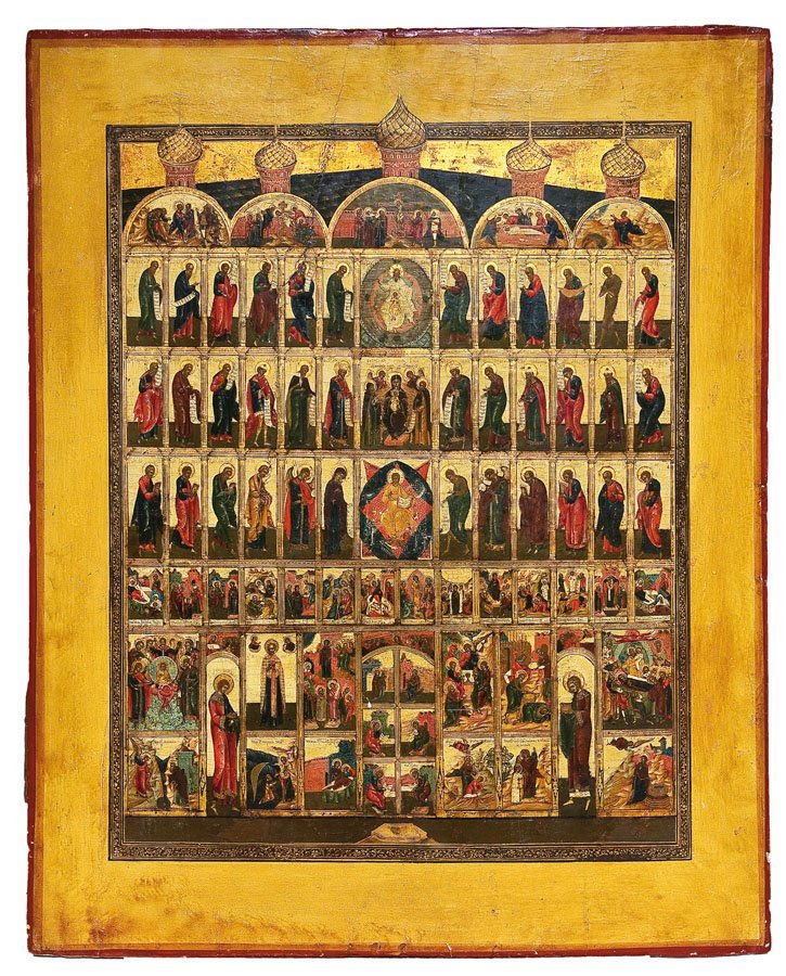 Großformatige Ikone mit Darstellung einer Ikonostase: Großformatige Ikone mit Darstellung einer Ikonostase Palech, um 1800 Verbund aus drei Laubholztafeln mit zwei gegenständigen, profilierten Rückseiten-Sponki. Eitempera auf Kreidegrund. Partielle Ve