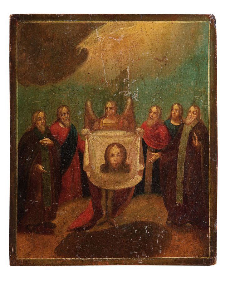 Patronatsikone: Patronatsikone Russland, 19. Jh. Laubholz-Tafel mit zwei gegenständigen Rückseiten-Sponki (verloren). Eitempera auf Kreidegrund, darüber spätere Lackschicht. In der vertikalen Mittelachse ganzfigu