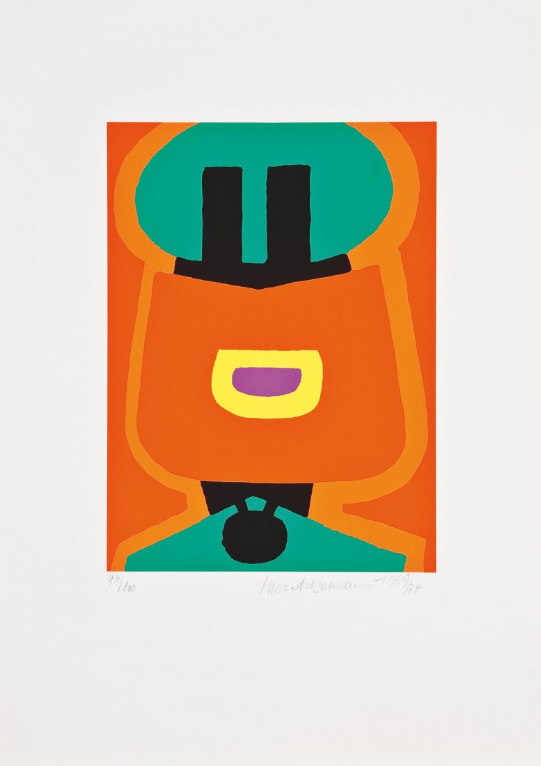 Max Ackermann: Max Ackermann 1887 Berlin - 1975 Unterlengenhardt Roter Schild. 1969/74. Farbserigrafie auf P&H Alt-Nürnberg Bütten. Unten rechts mit Bleistift signiert und datiert, links nummeriert ''99/100'' (+ 2