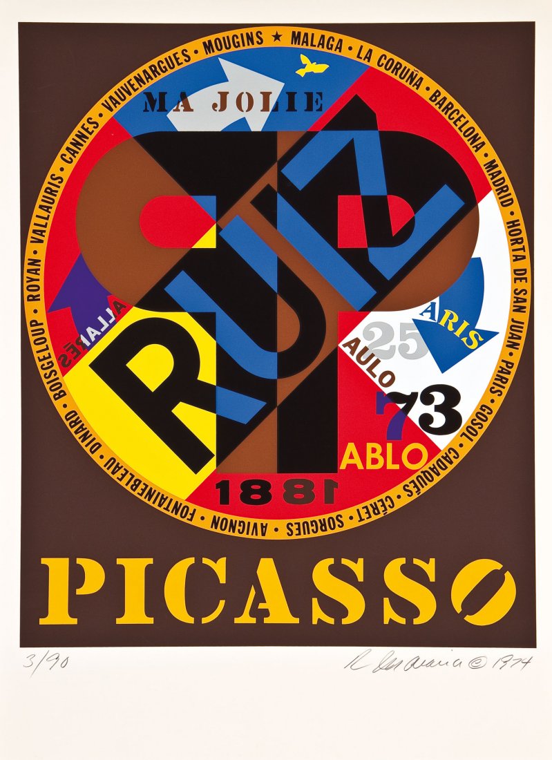 Robert Indiana: Robert Indiana 1928 New Castle - lebt und arbeitet in Vinalhaven Picasso. 1974. Aus der Mappe ''Hommage à Picasso''. Farbserigraphie auf Velin. Unten rechts mit Bleistift signiert und datiert, links