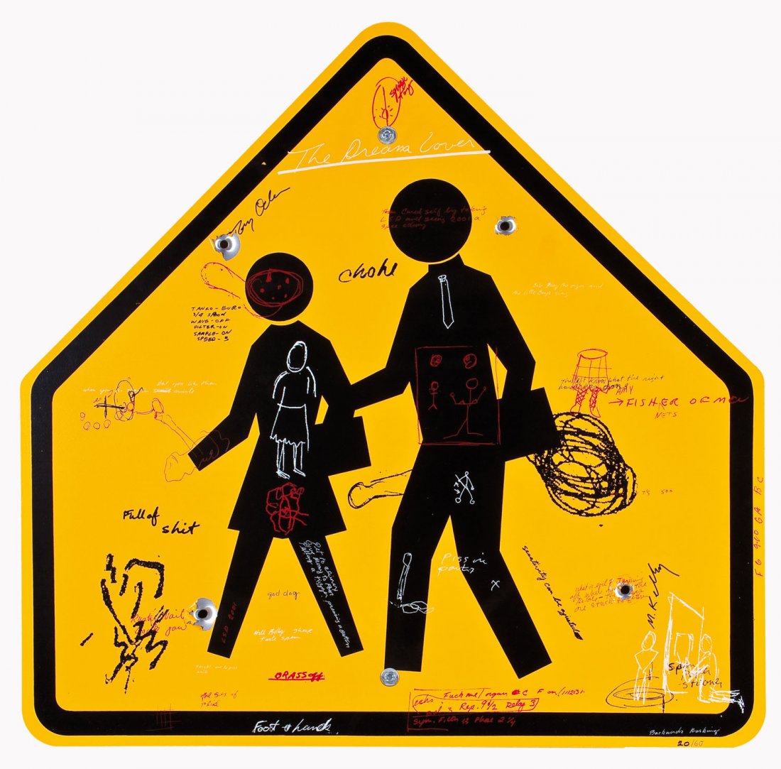 Mike Kelley und Toni Oursler: Mike Kelley und Toni Oursler Poetics Country. 1997. Farbserigraphie auf Verkehrsschild aus Aluminium mit Einschusslöcher. Unten rechts bzw. oben links mit schwarzem Filzstift signiert sowie unten rec