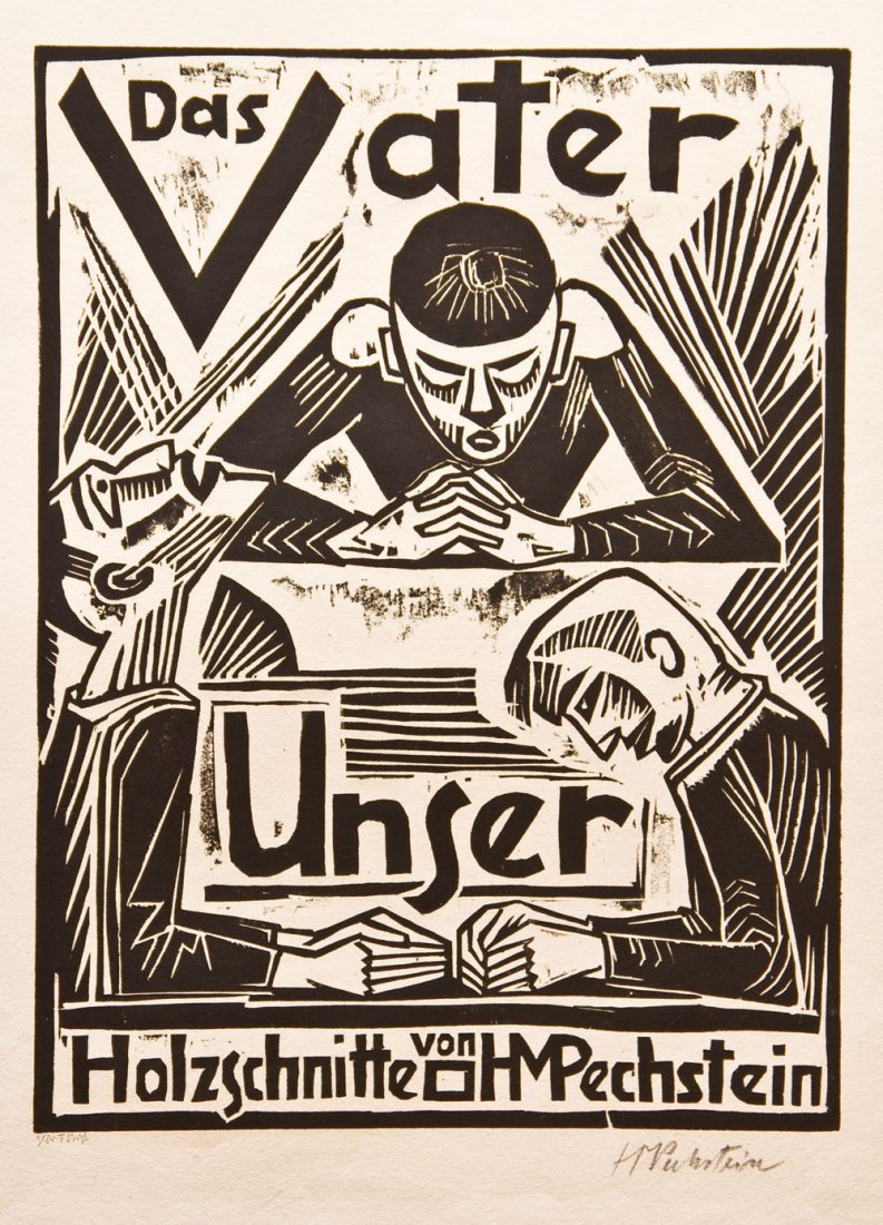 Hermann Max Pechstein: Hermann Max Pechstein 1881 Zwickau - 1955 Berlin Das Vater Unser I. 1921. Holzschnitt auf festem Bütten. Aus der Mappe ''Das Vater Unser''. Unten rechts vom Künstler, links vom Drucker Friedrich Vog