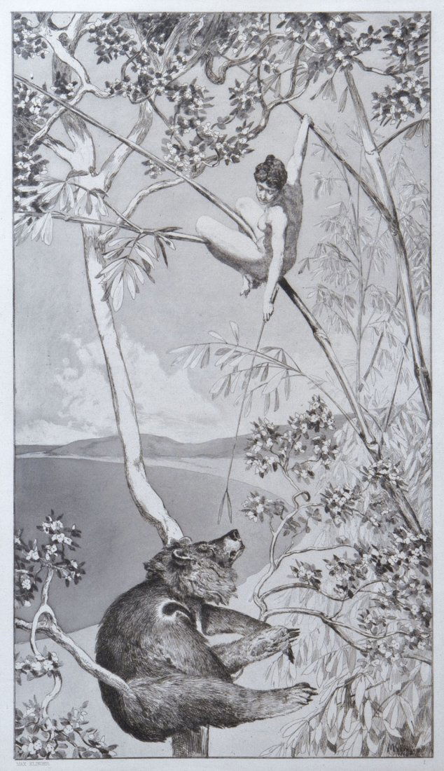 Max Klinger: Max Klinger 1857 Leipzig - 1920 Großjena Bär und Elfe. 1880. Aus der Folge ''Intermezzi''. Radierungen mit Aquatinta auf festem Velin. In der Platte signiert und datiert. Hinter Passepartout und Gla