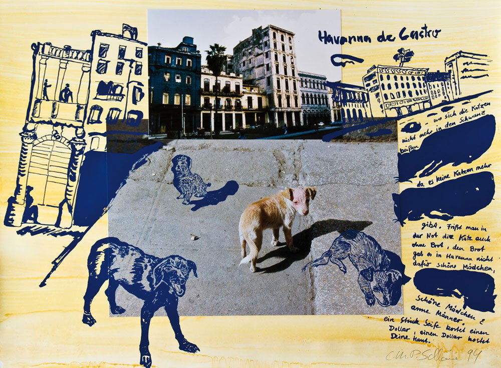 Cornelia Schleime: Cornelia Schleime 1953 Berlin - lebt und arbeitet in Berlin und Brandenburg Havanna de Castro. 1994. Mischtechnik (Gouache, Fotografie und Serigraphie) auf Karton. Unten rechts mit Bleistift signiert,