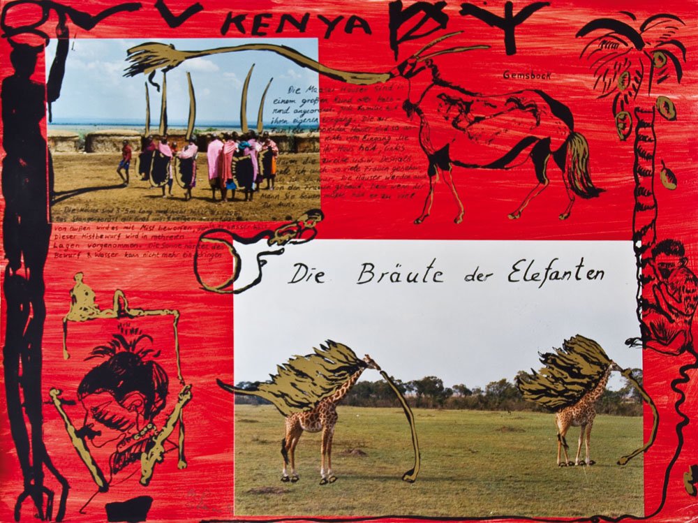 Cornelia Schleime: Cornelia Schleime 1953 Berlin - lebt und arbeitet in Berlin und Brandenburg Die Bräute der Elefanten. 1994. Mischtechnik (Gouache, Fotografie und Serigraphie) auf Karton. Unten links mit Bleistift si