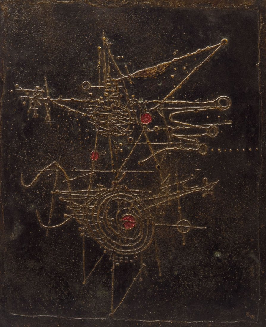 Johnny Friedlaender: Johnny Friedlaender 1912 Oberschlesien - 1992 Paris Oiseaux. 1987. Bronze, gold-braun patiniert. Unten rechts signiert und nummeriert ''6/12''. 39,6 x 32,2 cm Oiseaux. 1987. Bronze, gold-brown patina.