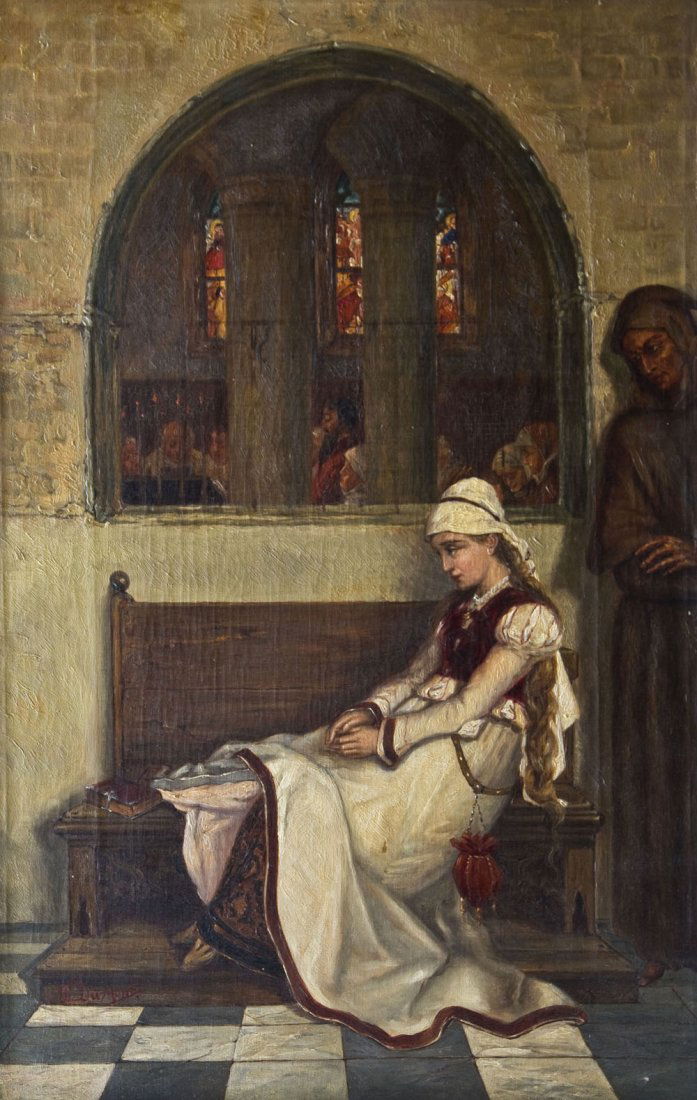 Francois Du Mont: Francois Du Mont Frankreich, 19. Jh. La Marguerite de Faust dans l'église. (Faust und Gretchen in der Kirche). Öl auf Leinwand. Links unten signiert, verso bez. 72 x 46 cm Francois Du Mont Frankreic