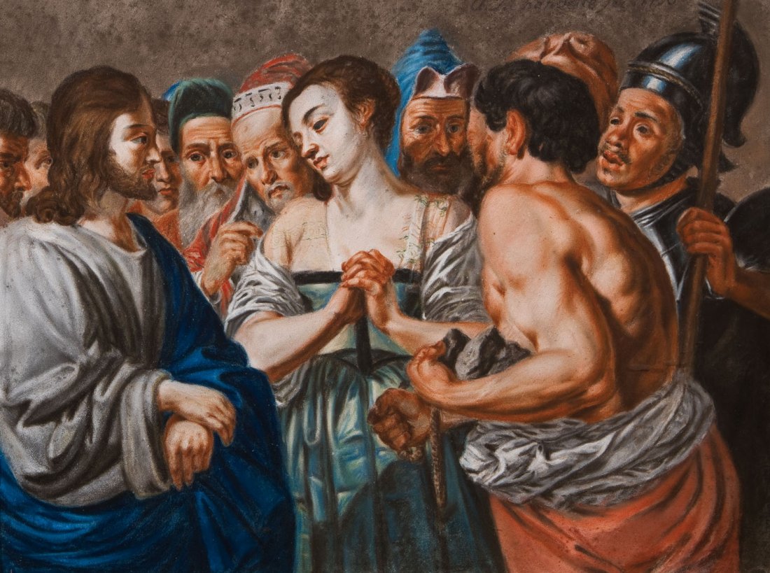 Andreas Joseph Chandelle (Attr.): Andreas Joseph Chandelle (Attr.) Frankfurt/Main 1743 - 1820 Jesus und die Ehebrecherin. Pastell auf Papier. Oben rechts bez. ''A. J. Chandelle fec. 1790''. Papier leicht wellig, die Ränder bestoßen.