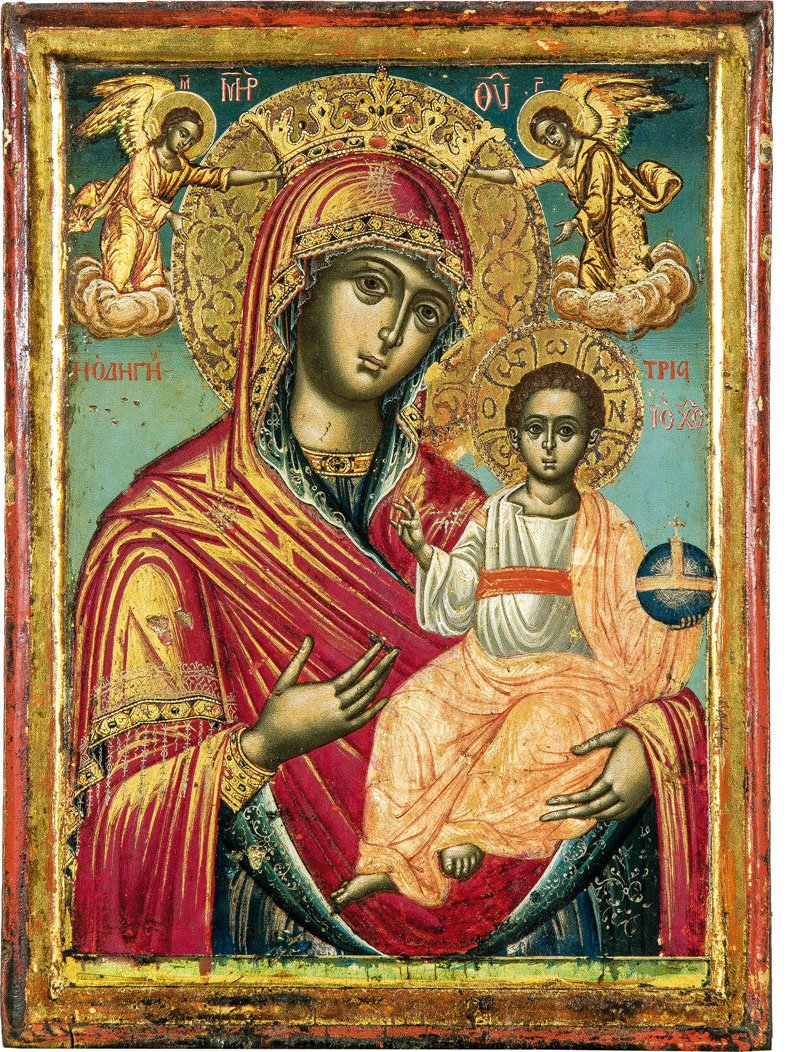 Gottesmutter Hodegtria: Gottesmutter Hodegtria Griechenland, 19. Jh. Eichenholz. Tempera auf Kreidegrund, partiell vergoldet. Gewandfalten in Assistvergoldung. In der vertikalen Bildachse frontale Darstellung der Gottesmutte