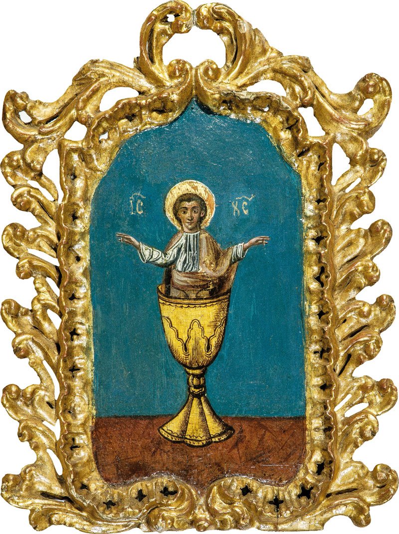 Eucharistie: Eucharistie Russland, 19. Jh. Tempera auf Kreidegrund auf Holz. Hierbei wird das Christuskind als Eucharistiesymbol verstanden und im Kelch mit Segensgestus wiedergegeben. Vergoldeter, ornamental gesc